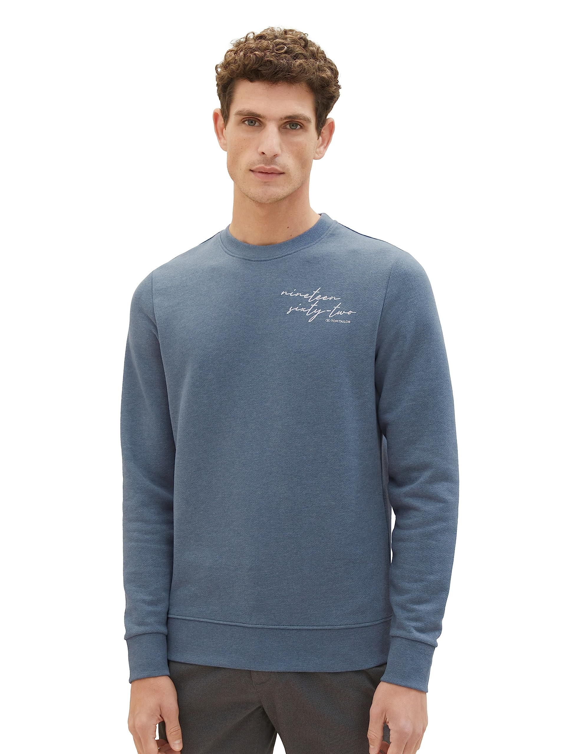 Tom Tailor Men's 11565-Dusty Dark Teal Melange Basic Sweatshirt With Script Print, Xl