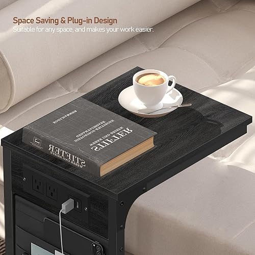 Miniatura 8 de TUTOTAK Mesa auxiliar en forma de C con estación de carga, mesa auxiliar para sofá, mesa de sofá con bolsa de almacenamiento, juego de 2, mesa de