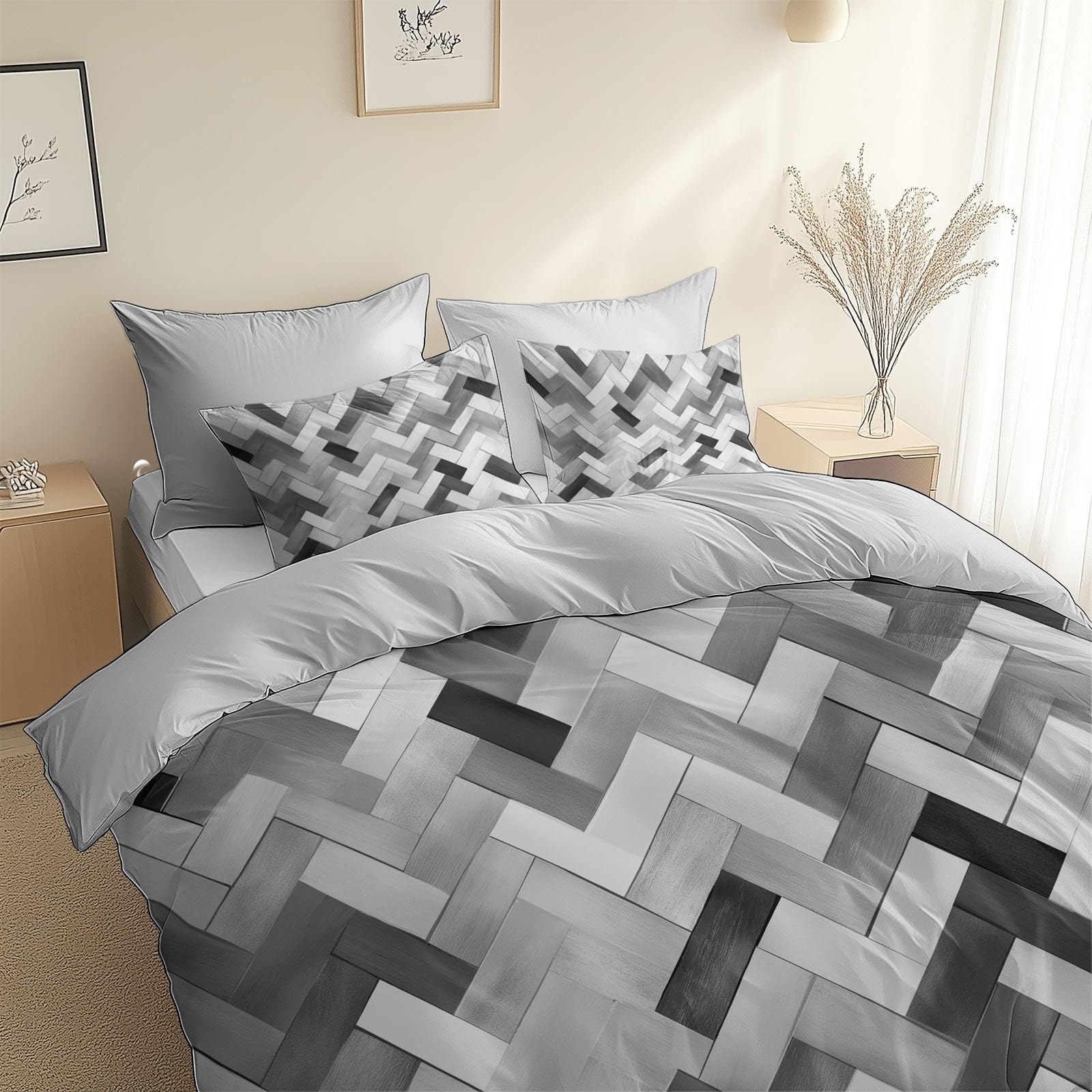 Gray Duvet Cover 2 Pieces Toddler, Minimalist Style Geometric Pattern Comforter Cover, Brushed Microfiber Bedding Set 40 X 60 Inches, Soft Breathable