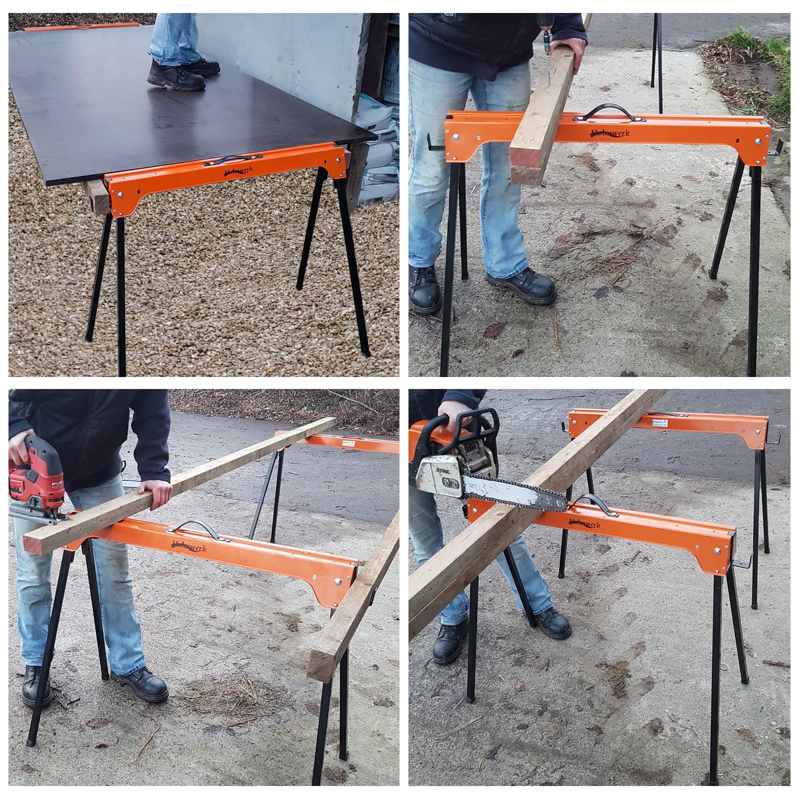 Stahl Sägebock Arbeitsbock klappbar 2er Set Werkbock Traglast 1000kg/ Paar Gerüstbock robuste Sägehilfe Sägepferd Sägebock mit Griff Gerüstbock für Holzbearbeitung