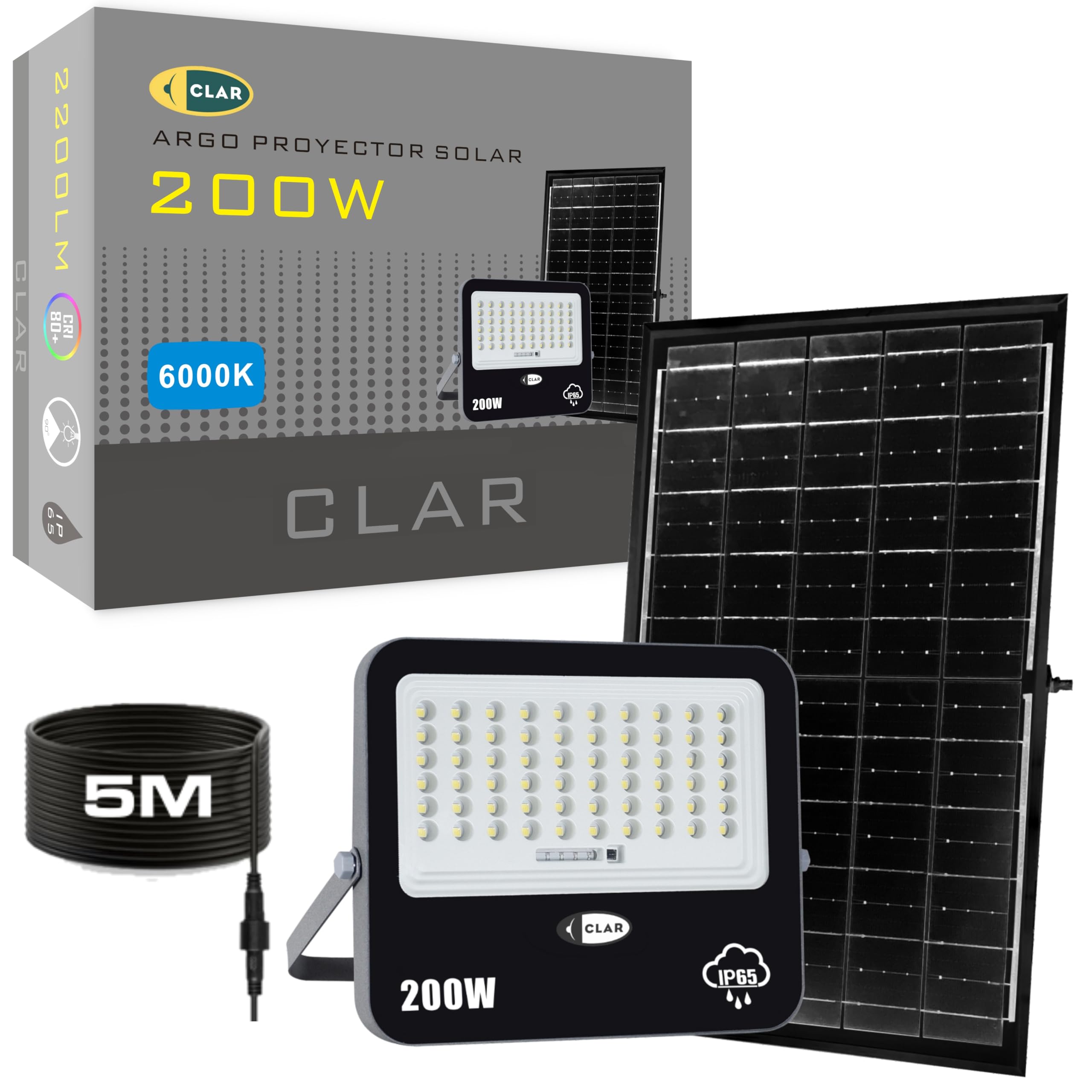 CLAR - Solarstrahler für Außen, Solar LED Strahler, Solarlampen für Außen Ohne Bewegungsmelder, Solar Scheinwerfer für Außen, Solar Flutlicht, Solarlampe Ohne Bewegungsmelder, 200W (Pack 1)