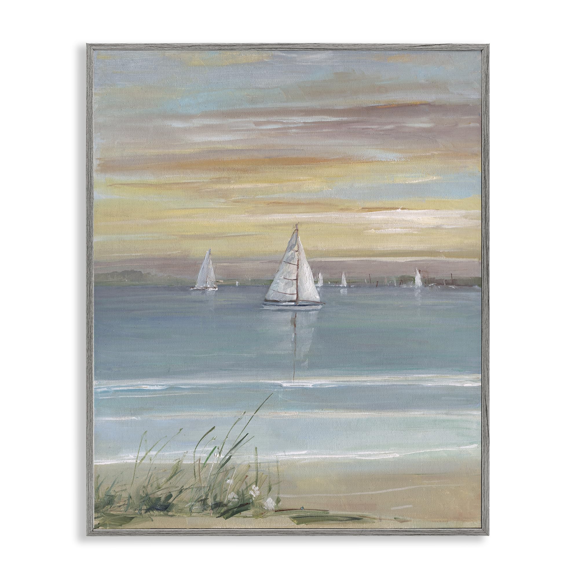 Stupell Industries Farmhouse Gray (Textured) Coastal Sailboats At Twilight, 16 X 20 Inch Framed Giclée Print