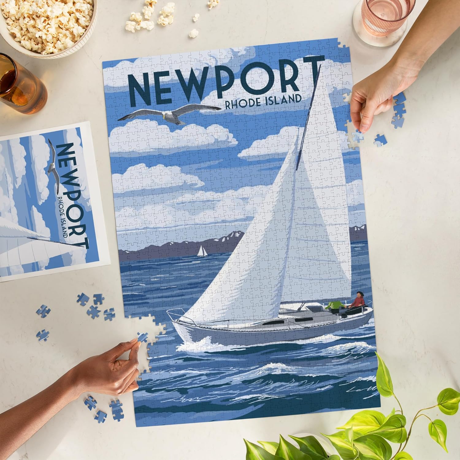 Lantern Press Newport, Rhode Island, Sloop Sailboat and Lake 1000 Piece Jigsaw Puzzle for Adults, Made in USA with Reference Poster