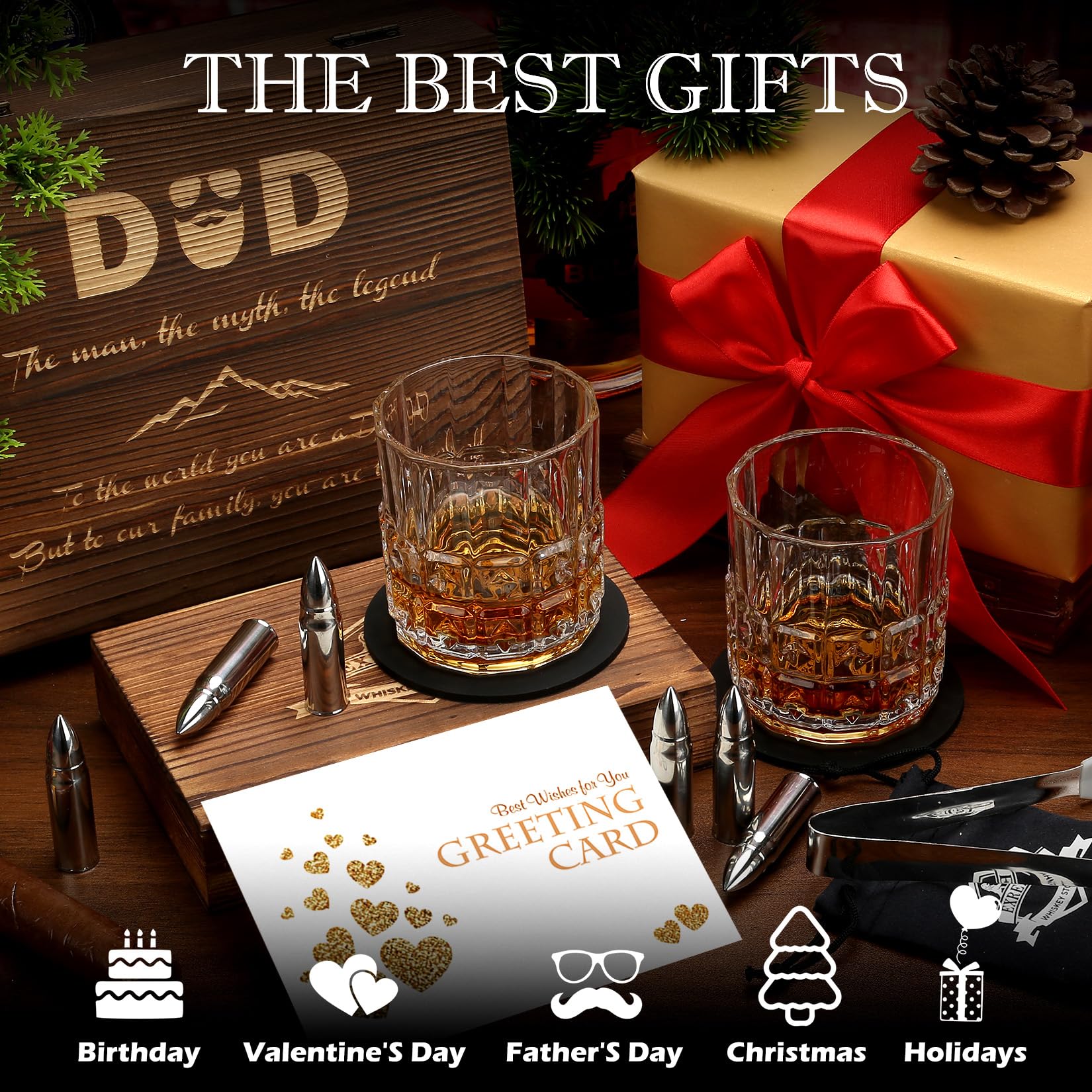 Juego de regalo de whisky para papá y hombre, ideas de regalo de cumpleaños de hija e hijo, juego de regalo de whisky de acero inoxidable y juego de vasos de whisky, regalos para hombres