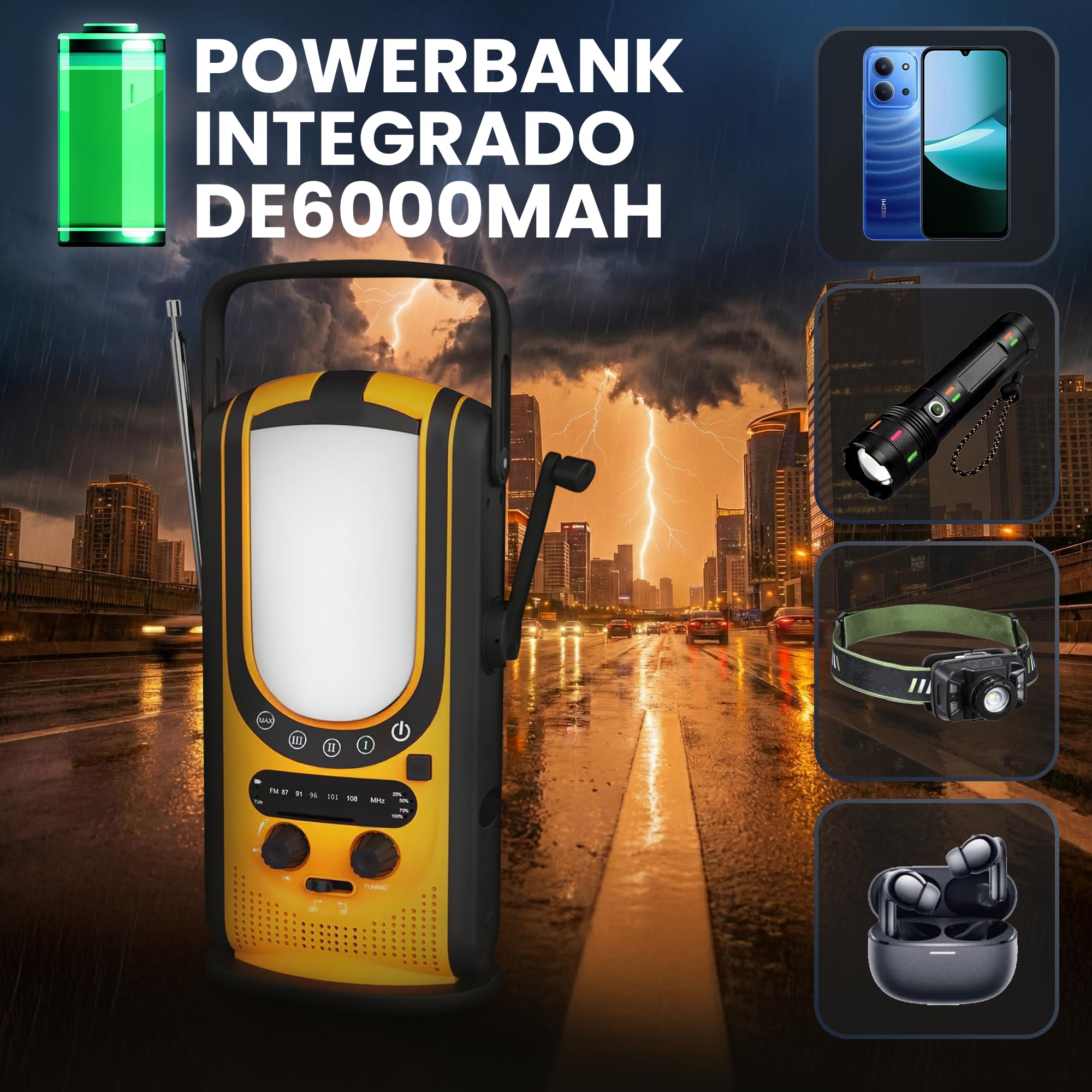 Extralink Radio Solar de Emergencia con Manivela Am/FM, Luz Lectura 4 Modos, Batería Recargable 6000 mAh con Salida USB-C, 6 Modos de Carga, Alarma SOS, para Uso Diario y Situaciones de Emergencia