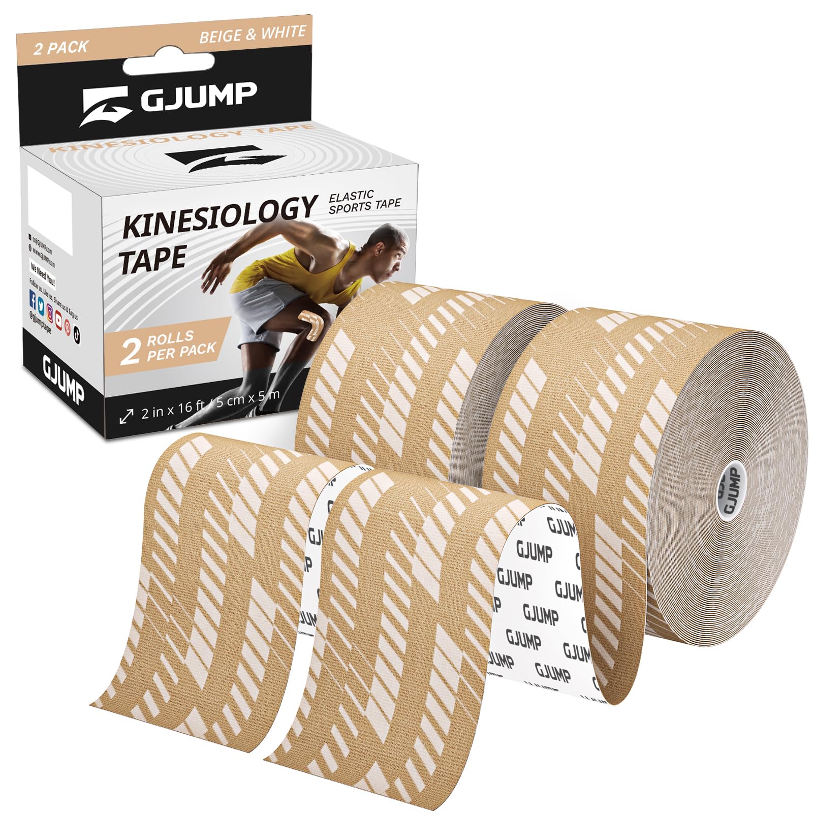 GJUMP Kinesiology Tape, 2 Rolls Hypoallergenic Athletic Tape for Muscle Strain Relief & Joint Support, Waterproof & Breathable Sports Tape for Pain Relief, 2in x 16ft Uncut Roll-Stripe (Beige)
