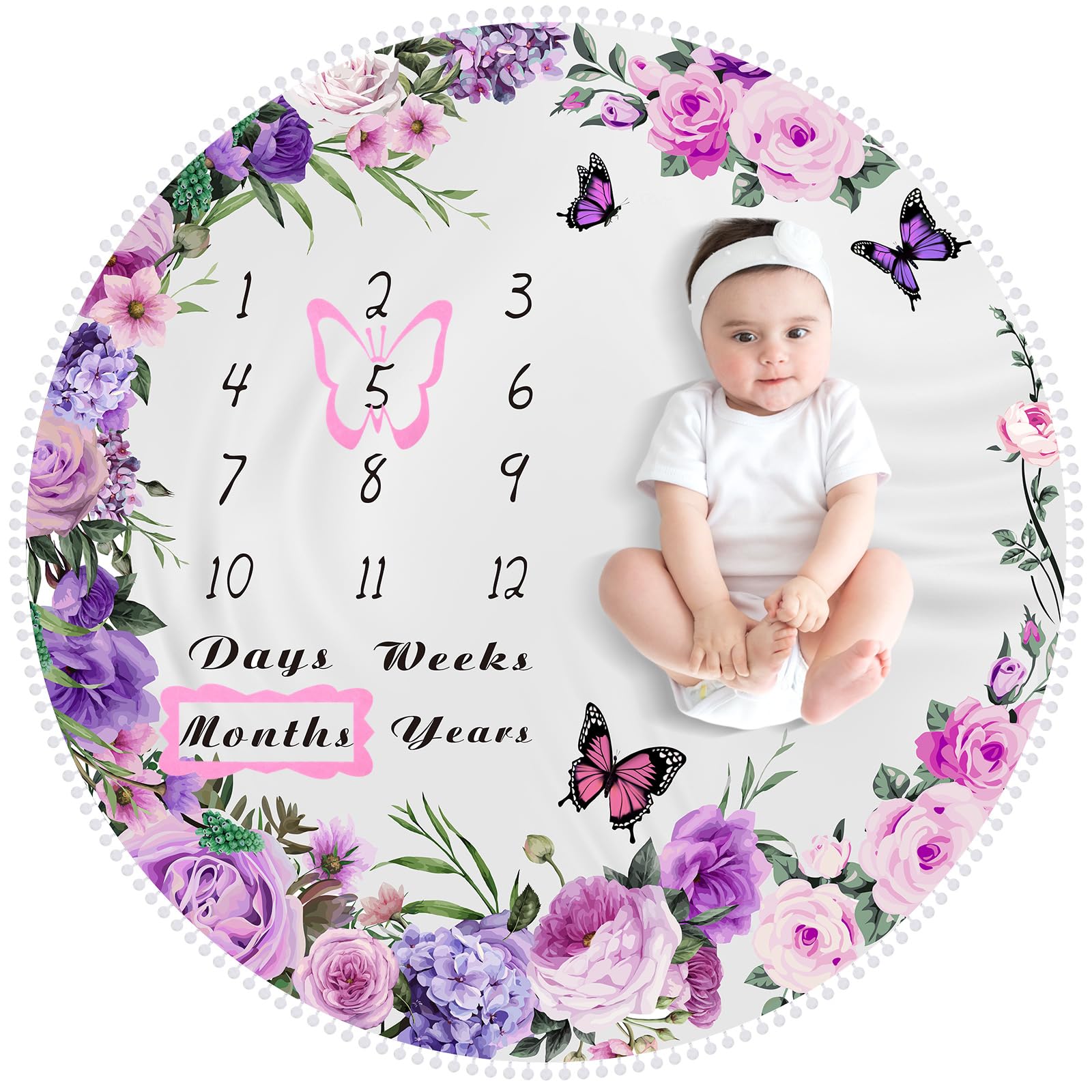 Chumia 3 Pcs Monthly Baby Milestone Blanket Set Purple Baby Age Month Blanket Newborn Growth Chart with Frame for Background