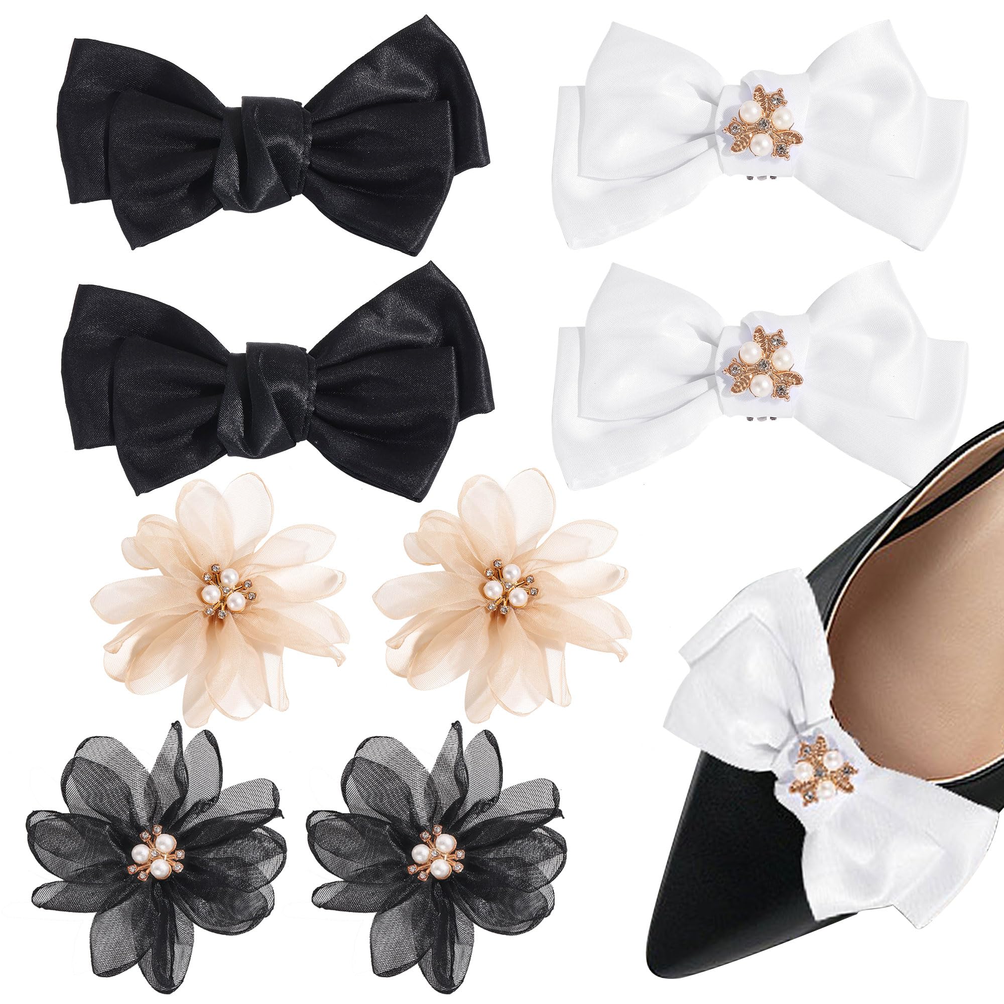 Coiris4 Pairs Shoe Clips for Women Dress Shoes Rhinestone Flowers Black White Peal Bow Shoe Clips Pearl Exquisite Shoe Charms Lace Floral Shoe Accessory for Wedding Pointed Toe Pumps