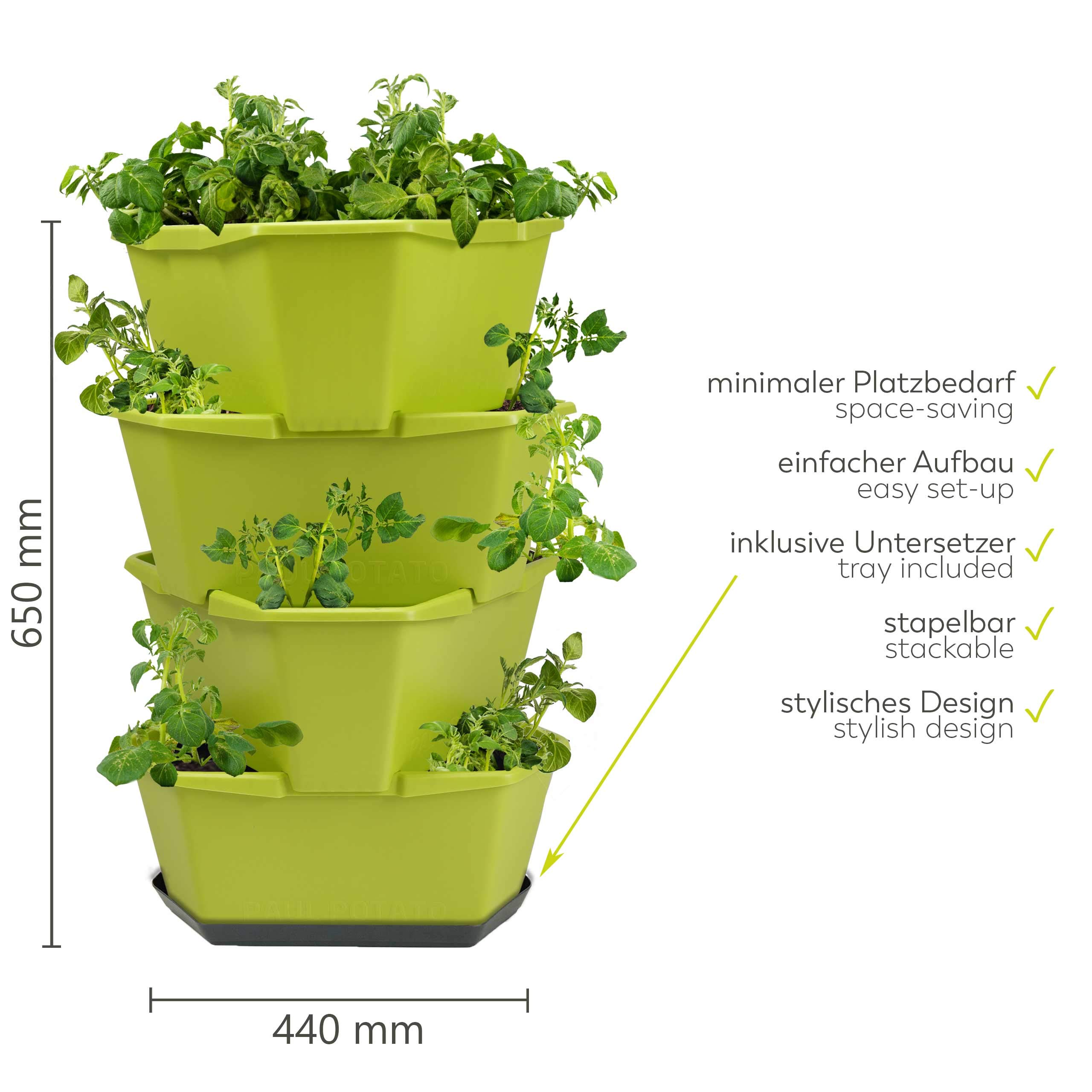 GUSTA GARDEN Paul Potato Starter Kartoffelturm - stapelbar - Hochbeet/Pflanzgefäß/Blumentopf für Balkon, Garten und Terrasse (4 Etagen, Grün) inkl. Untersetzer