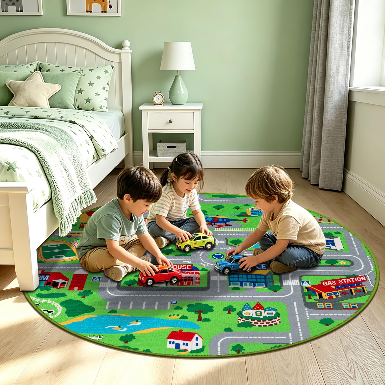 Capslpad Kinder Spielmatte ø120cm rutschfeste Kinderteppich Spielmatte für Spielzeugautos Waschbar Stadt Straßen Kinder Spielteppich Interaktives Auto Teppich für Kinde Spielzimmer Schlafzimmer Dekor