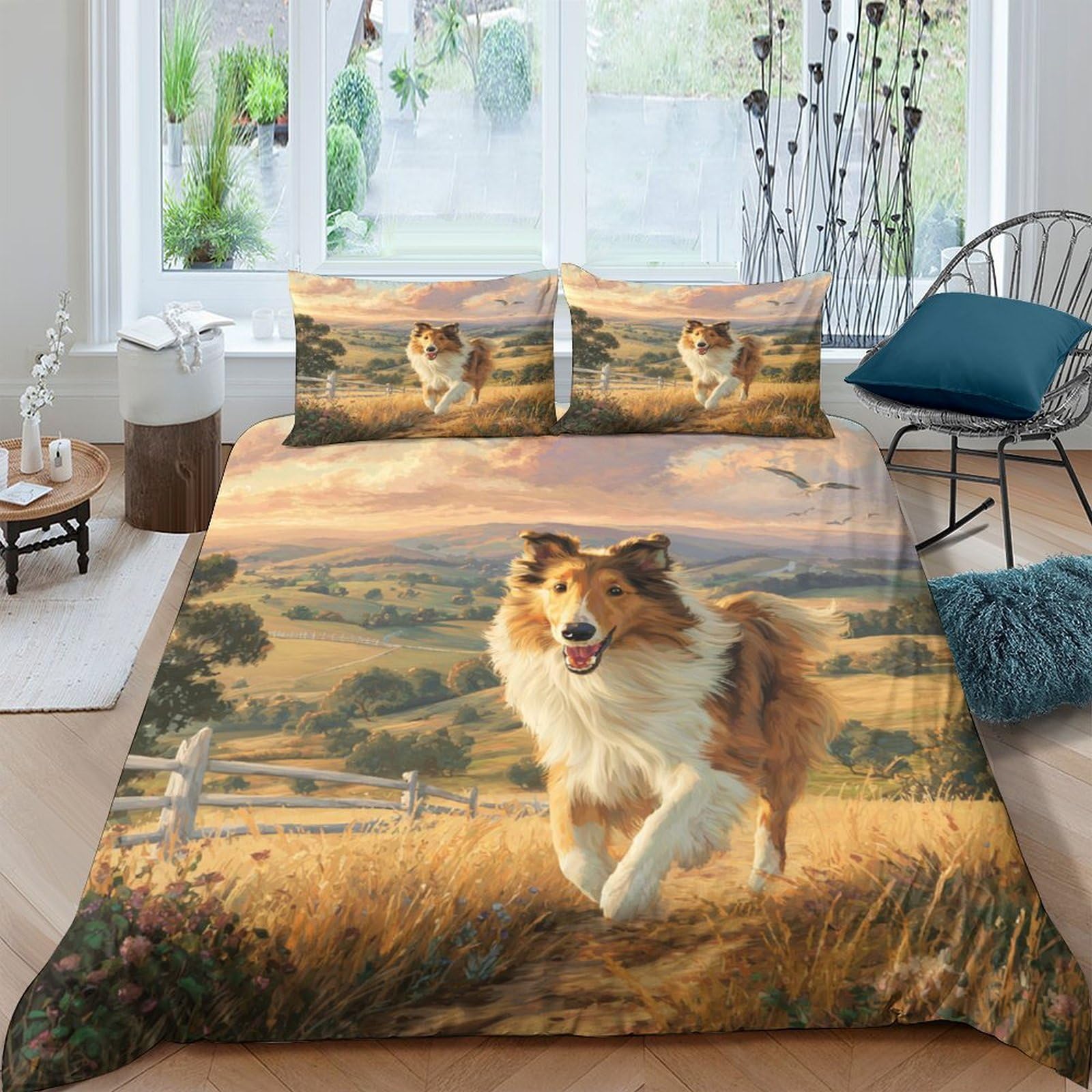 Ctjqhvkz Style-7 3D Printed Collie Landscape Fitted Sheet Microfiber Soft Easy Care Dog Meadow Bed Cover For Bedroom Guest Room Decor Single（135X200cm）