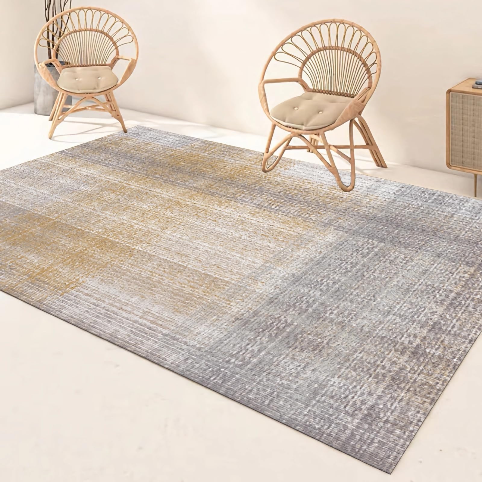 Deko Wohnzimmer Waschbarer Anti-Rutsch-Teppich grau gelbes Streifendesign,deko küche Flur Teppich läufer 160x230cm