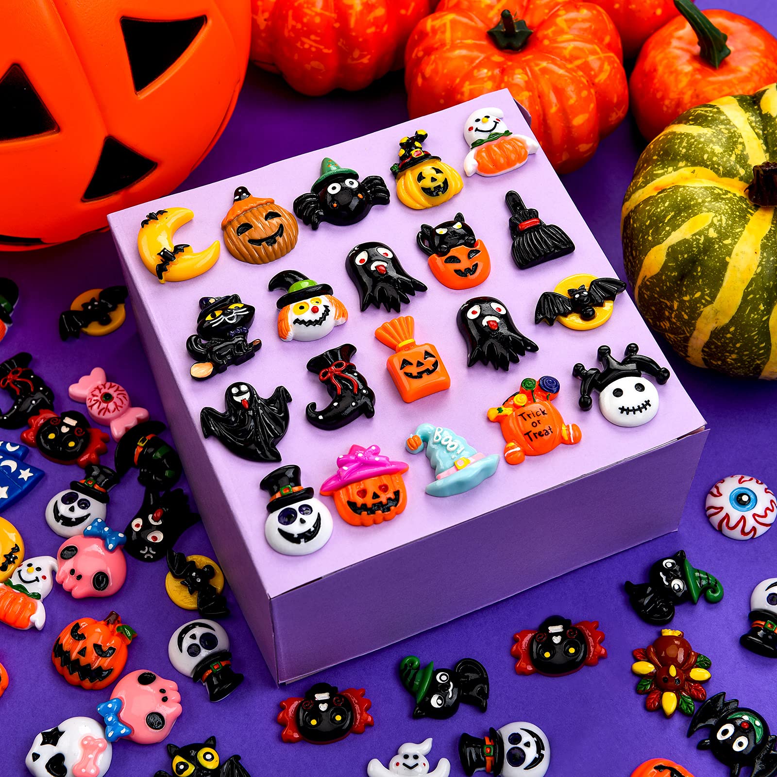 100 Pcs Halloween Resin Charms - Mixed Spider, Skull, Pumpkin & Bat Embellishments For DIY Crafts