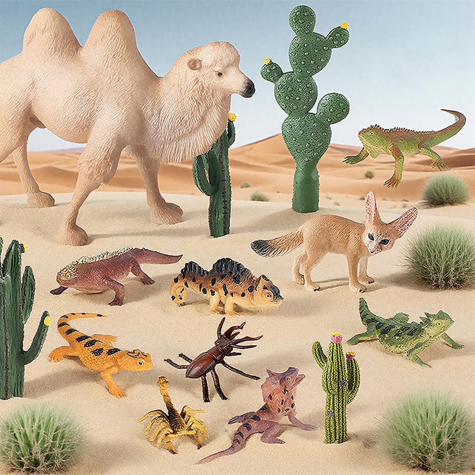 Generisch Animali del deserto, 24 pezzi, modellino di piante | Set di statuette di animali in miniatura per casa, bancone, soggiorno, giardino, tavolo da tavolo, oggetti di scena