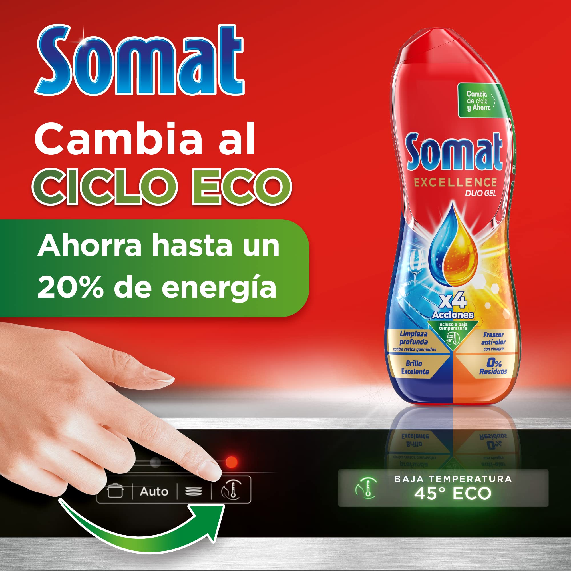 Somat Excellence Gel Frescor Anti-Olor 50 Dosis (pack de 10, total: 500 lavados), detergente lavavajillas desengrasante, lavavajilla líquido automático en botella, jabón para platos con vinagre