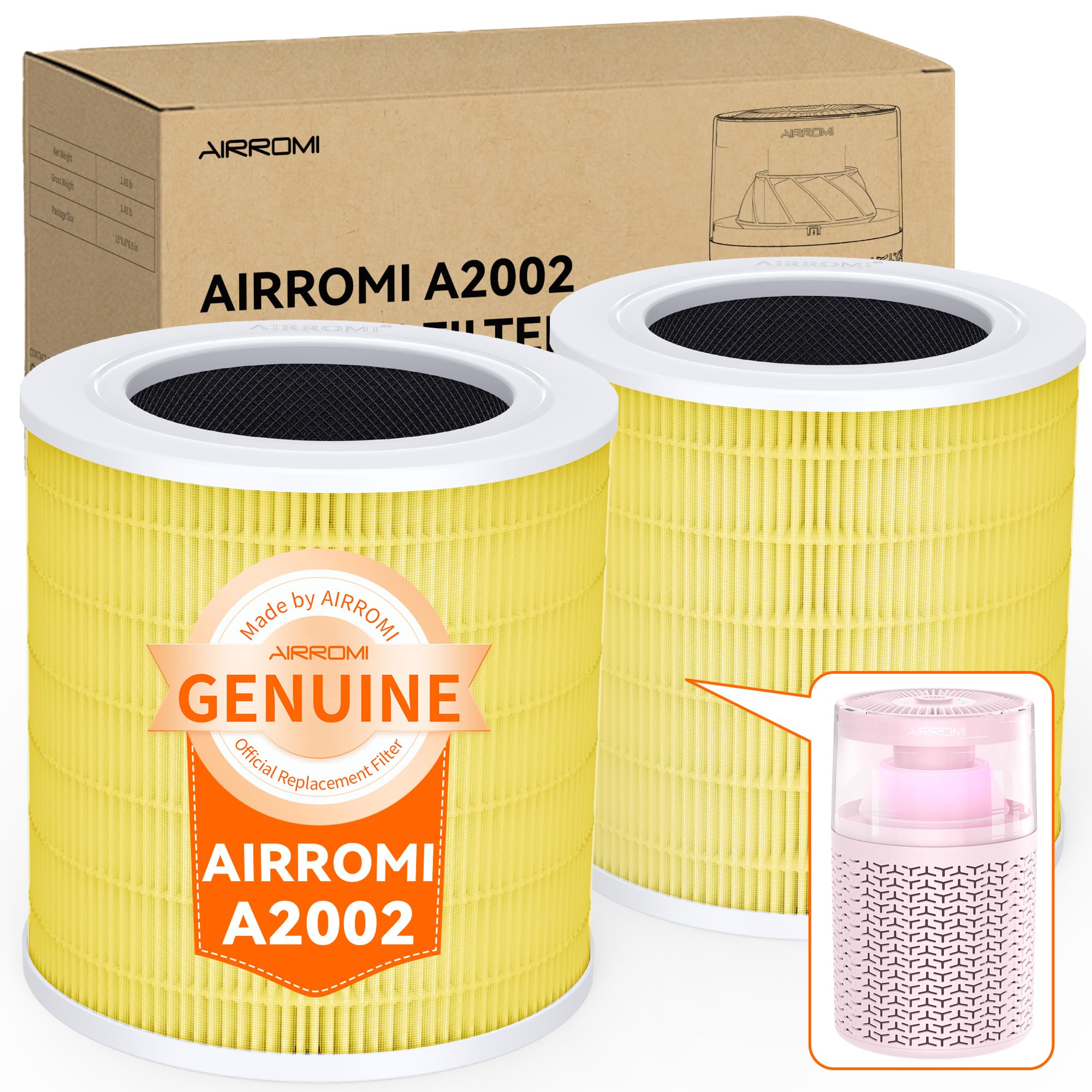 AIRROMI A2002 HEPA Air Purifier Replacement Filter, 3-In-1 Original Filter, Remove 99.97% of 0.3 Micron Particle Yellow Pets (2 Pack)