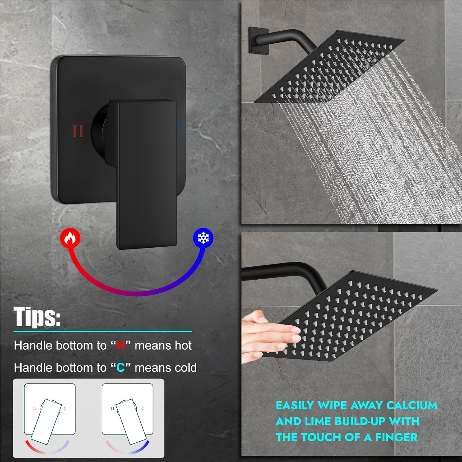 Heyalan 8 Inch Shower Head and Handle Set Square Shower Faucet Set Bathroom Rainfall Shower System Stainless Steel Showerhead Single Function Shower Trim Kit,Female Thread Valve,Matte Black - Image 5