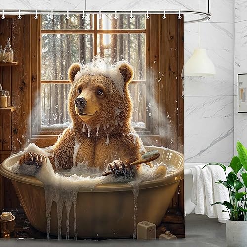 Uokiuki Funny Brown Bear Shower Curtain, Farmhouse Animal Bathing in Bathtub Bub