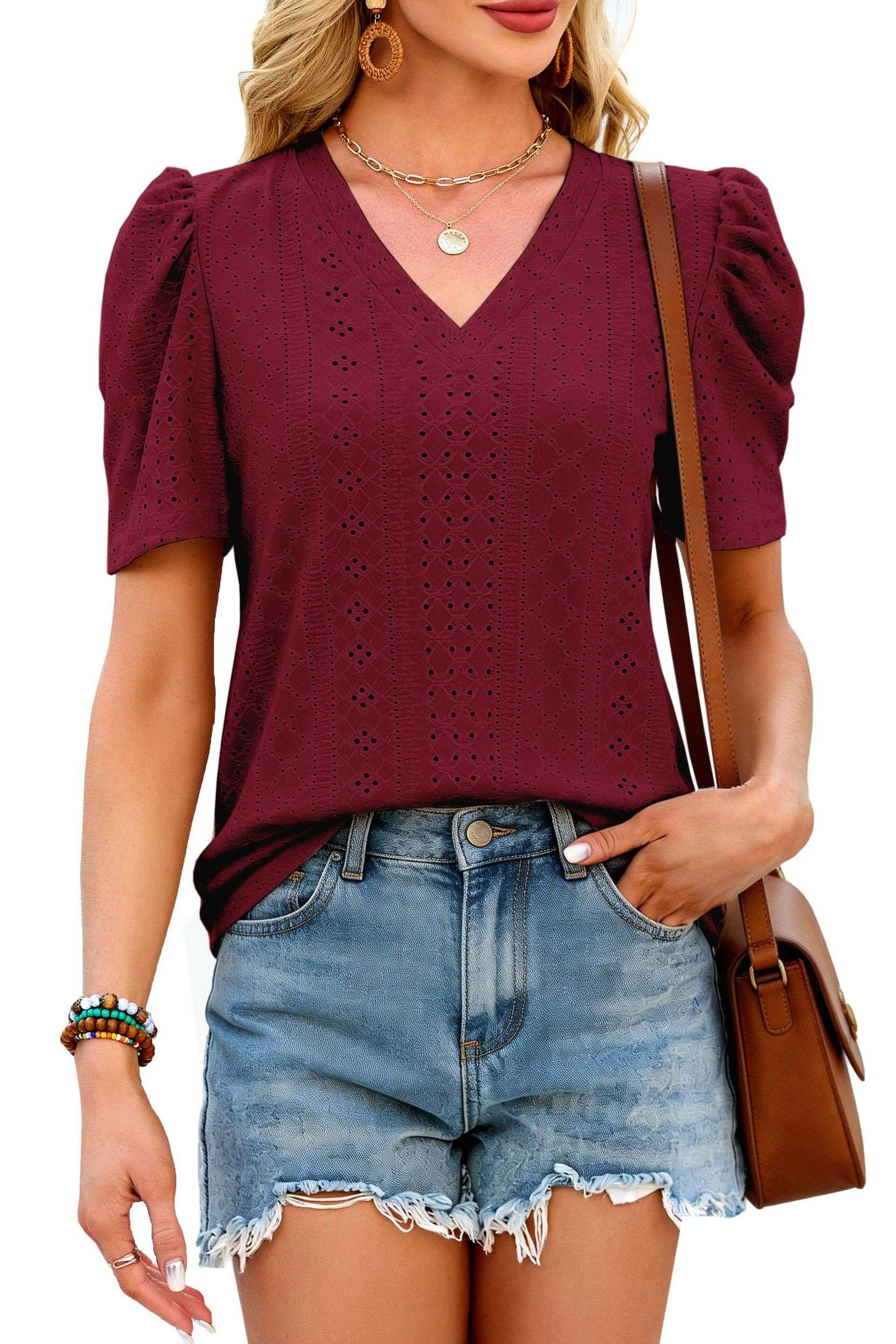 NAIOSS Damen Oberteil Sommer Bluse Kurzarm mit Puffärmeln Tshirt V Ausschnitt Tunika Tops