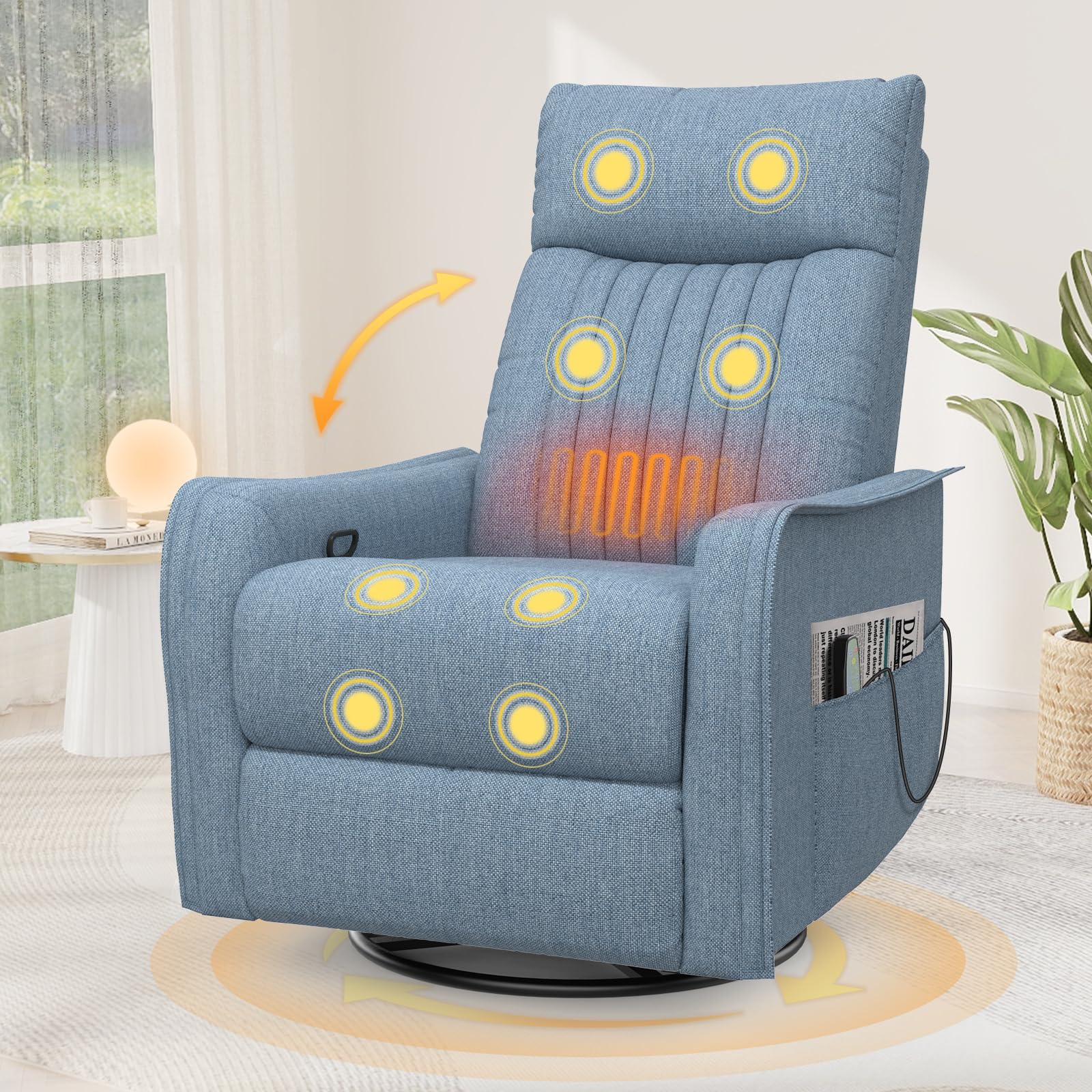 Srfzluxy Fernsehsessel Massagesessel mit Liegefunktion, Relaxsessel mit Wärme und Massage, 360°Drehbarer TV Sessel Wohnzimmer, Schaukelstuhl mit Gepolsterte Kopfstütze, 2 Seitentaschen