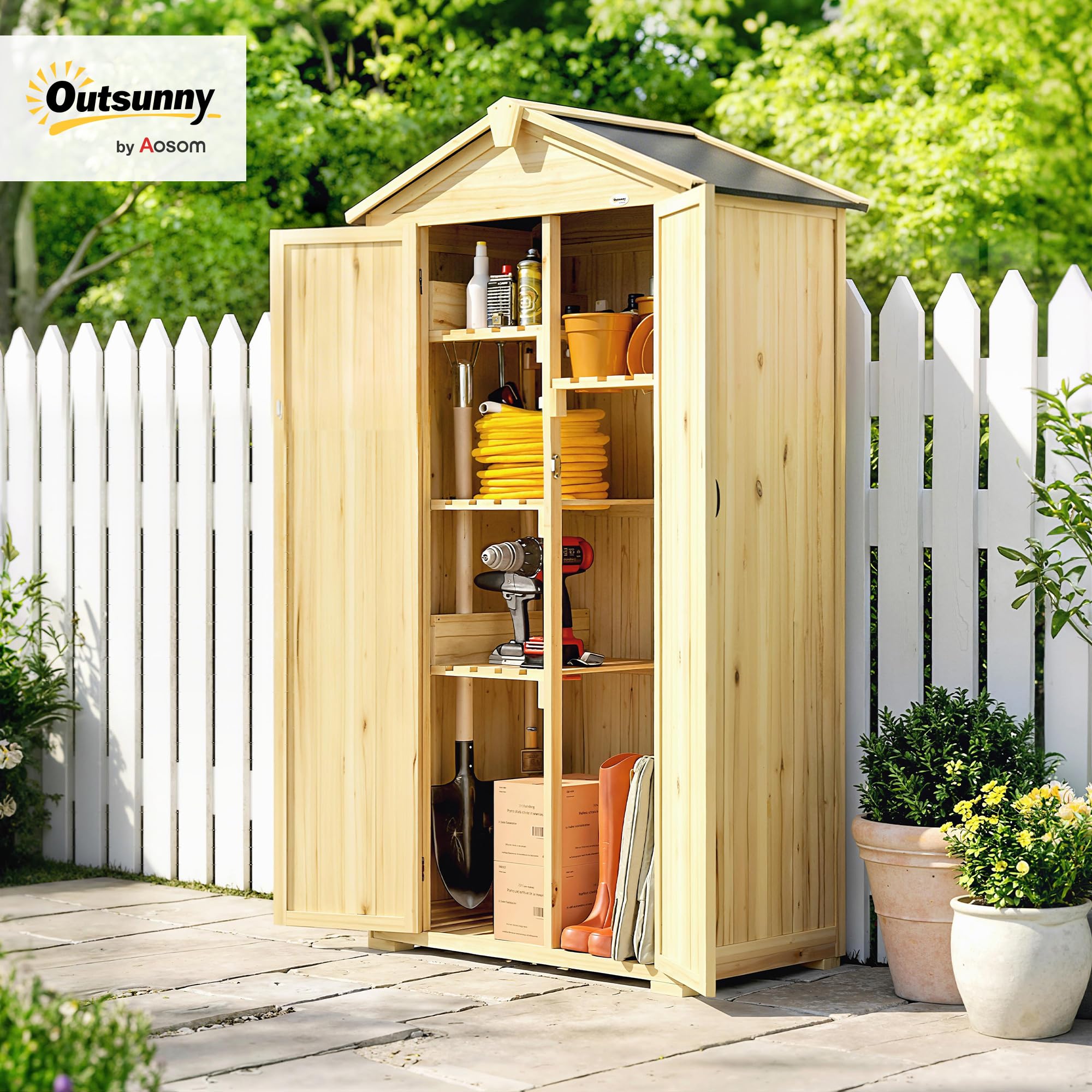 Outsunny Armadio da Giardino in Legno con 3 Porte e 4 Ripiani, Casetta Porta Attrezzi da Esterno, 93x53x168 cm