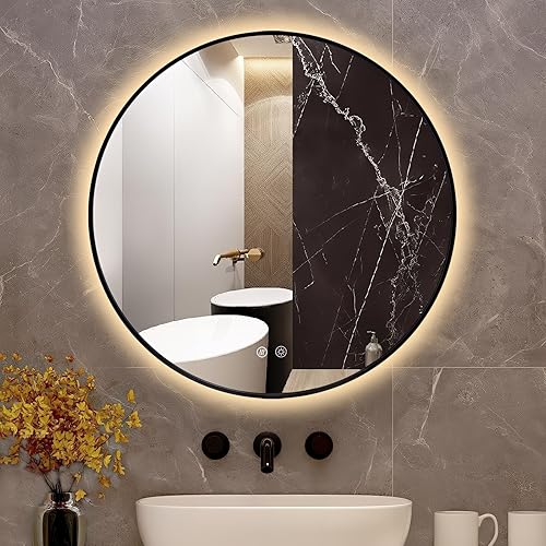 Niccy Espejo retroiluminado LED redondo de 24 pulgadas con luces, marco negro, espejo de tocador de baño iluminado para pared con antiniebla,