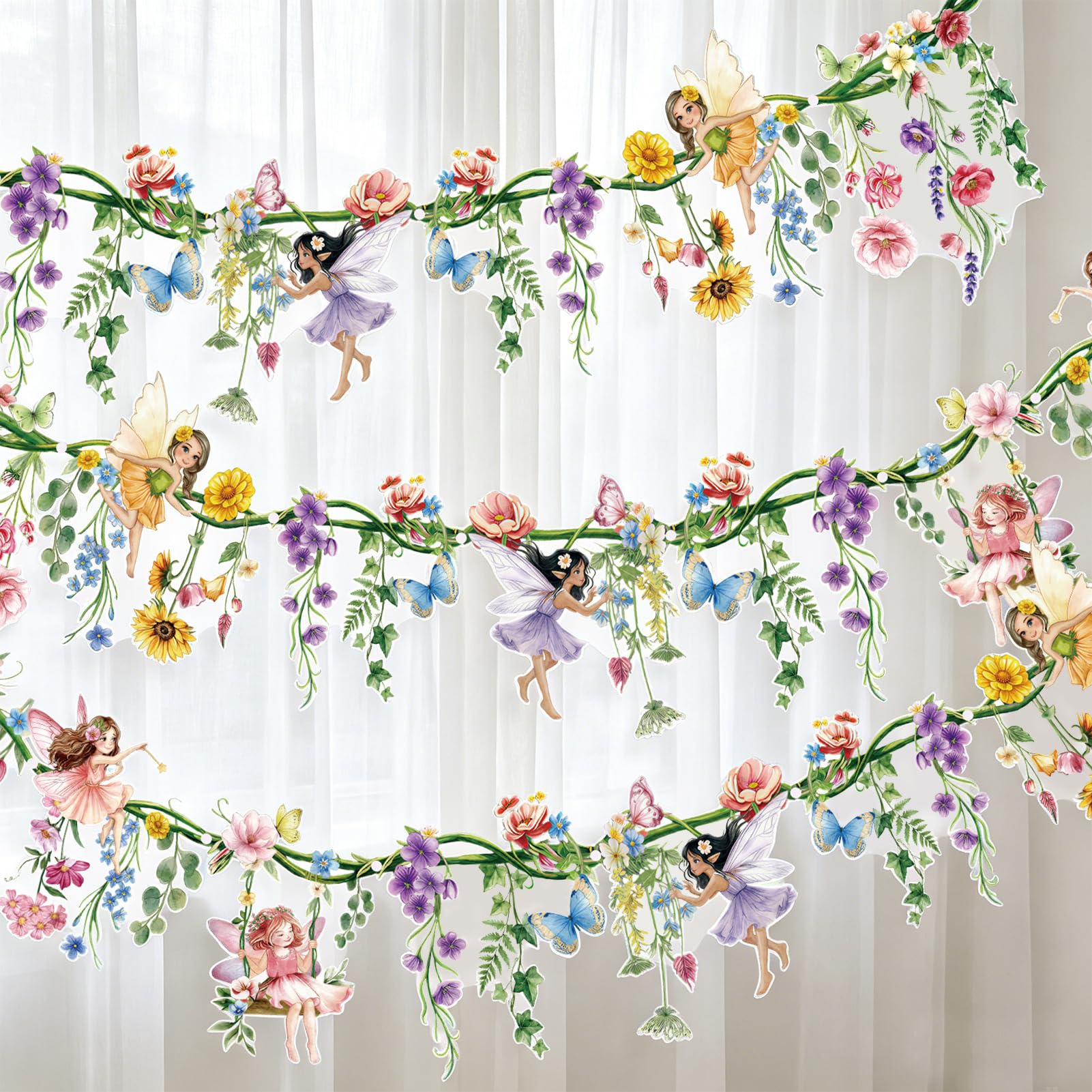 SUNBEAUTY 2PCS Wildflower Fairy Birthday Banner Summer Fairy Reusable PET Waterproof Garland 9.8FT for Enchanted Woodland Tropical Wedding Baby Shower Tea Supplies Girl Decorations Garden Party — image 1