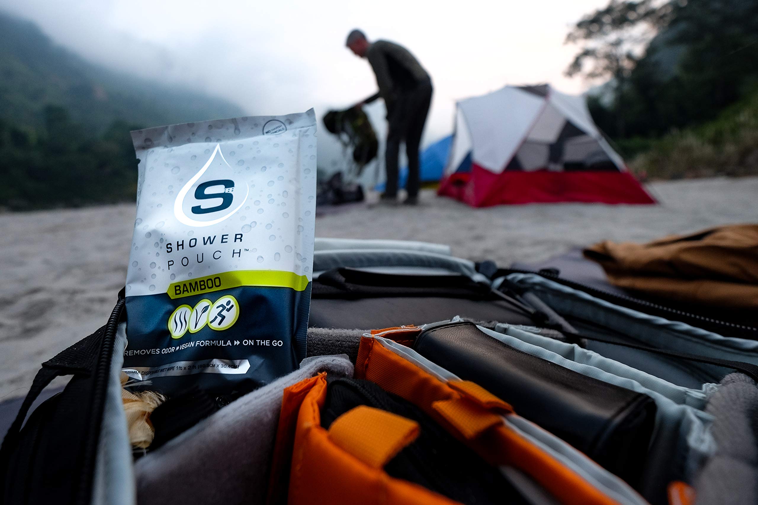 Shower Pouch XL (2' x 1') Bathing Body Wipes for Adults – Aloe-Infused Heatable & Reusable Bath Wipes for Camping, Travel, Outdoor – (10 Pack) Bamboo