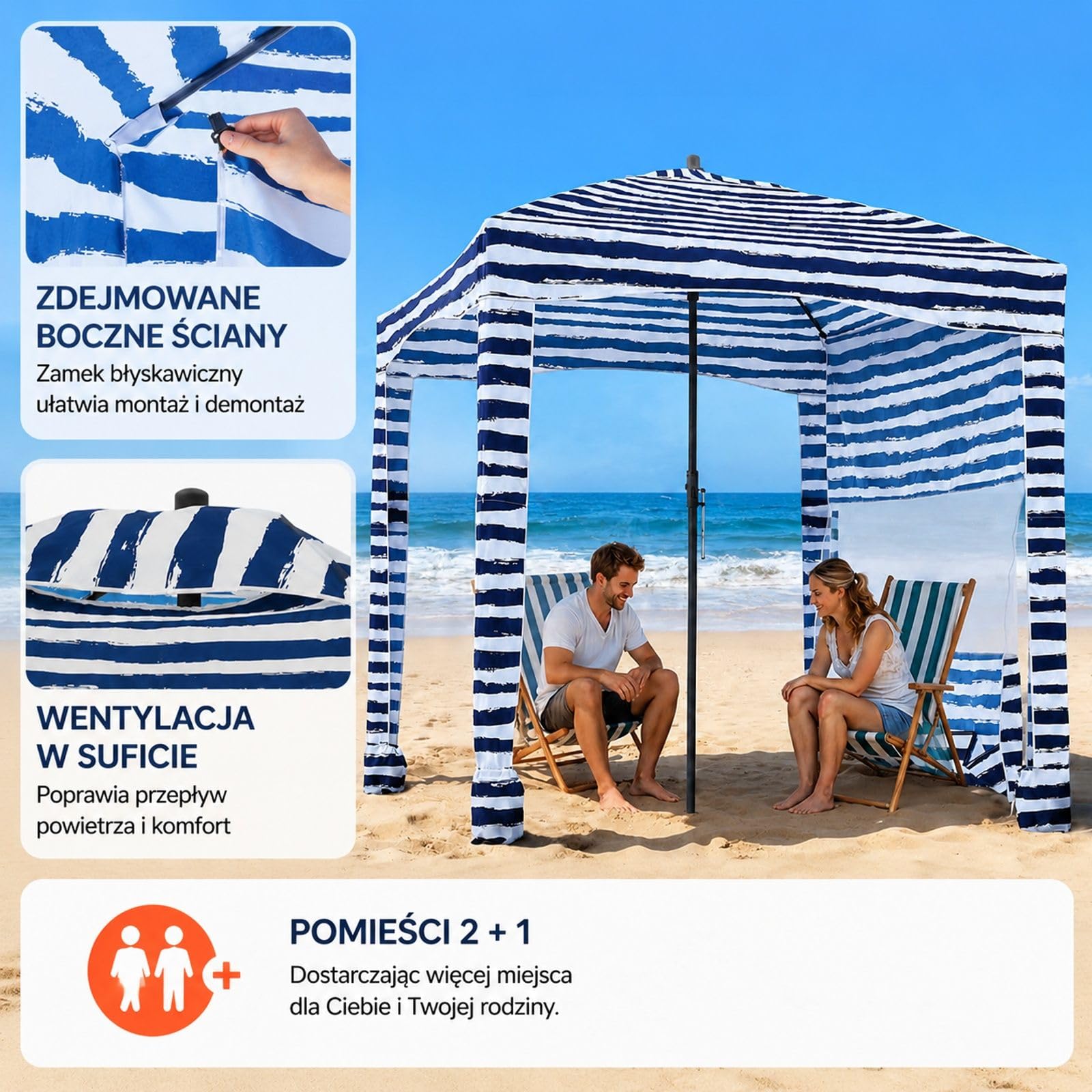 Kabana plażowa z panelem bocznym i workami na piasek, granatowe paski do użytku na plaży