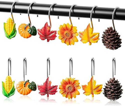 MALLMALL6 12 ganchos de cortina de ducha de otoño, plantas de Acción de Gracias, colgantes de baño decorativos de metal a prueba de óxido,