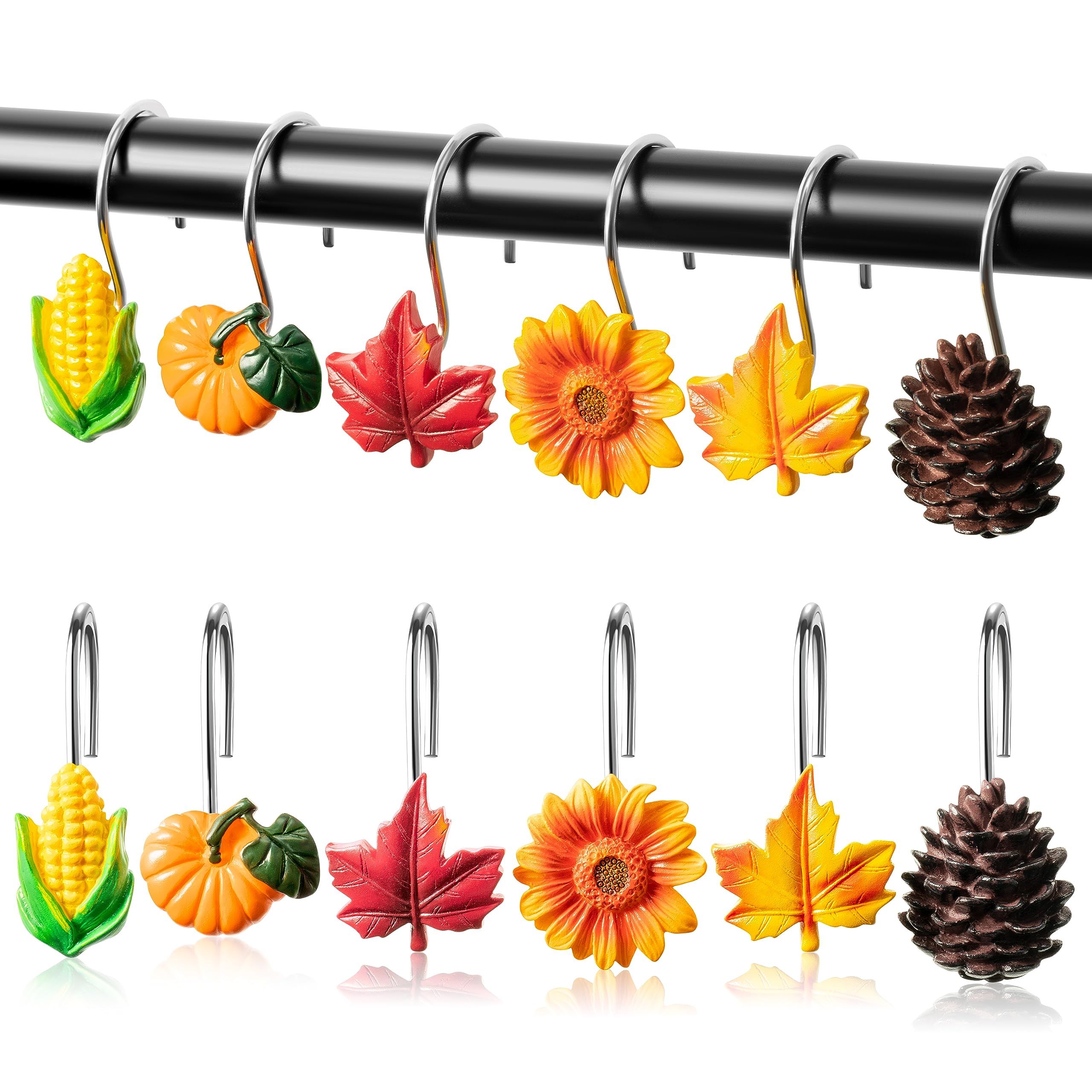MALLMALL612Pcs Fall Shower Curtain Hooks Thanksgiving Plant Decorative Metal Rustproof Bathroom Pendants Autumn Decor Accessories with Maple Leaf Pumpkins Pinecones Sunflower Corn Curtains Rings