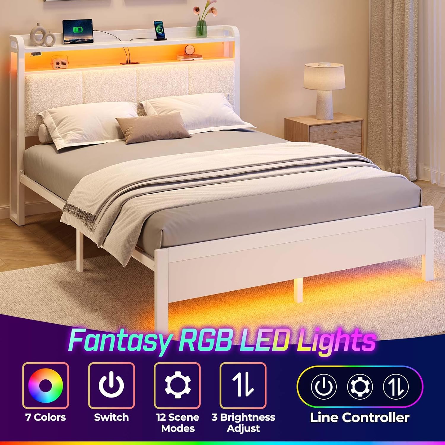 Photo 1 of Rolanstar Bed Frame Full Size with Charging Station and LED Lights, Upholstered Headboard with Storage Shelves, Heavy Duty Metal Slats, No Box Spring Need, Noise Free, Easy Assembly, White
