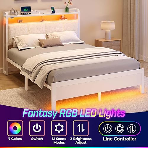 Miniatura 50 de Rolanstar Base de cama tamaño individual con estación de carga y luces LED, cabecera de piel sintética con estantes de almacenamiento, listones de