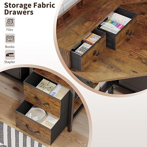 Miniatura 6 de Escritorio de esquina con 6 cajones de tela y estantes para espacios pequeños, escritorio de computadora con tomas de corriente, escritorio gaming