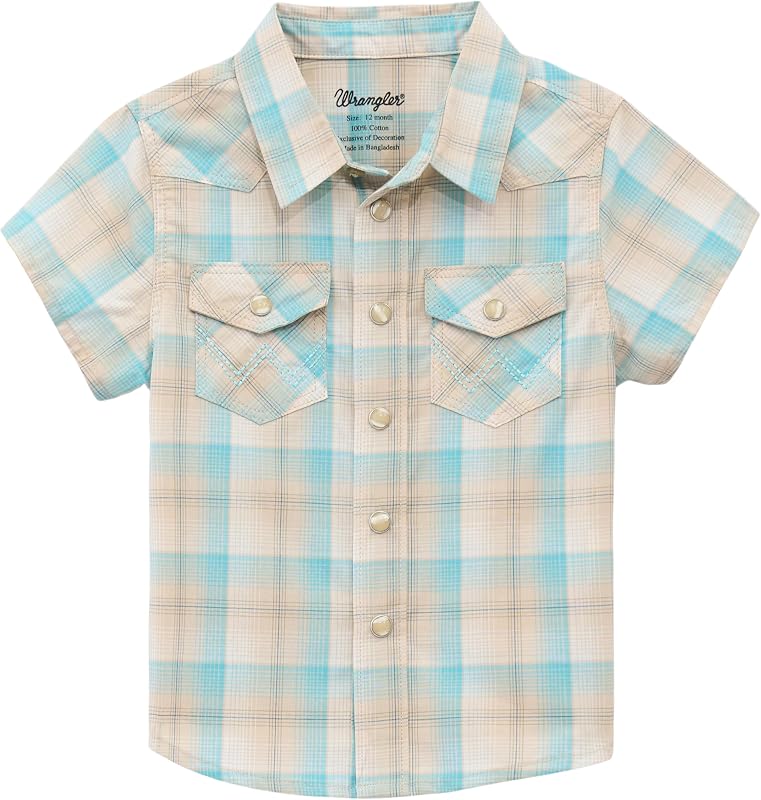Tan/Turquoise Toddler Boy Collared Short Sleeve Snap Shirt 112378882