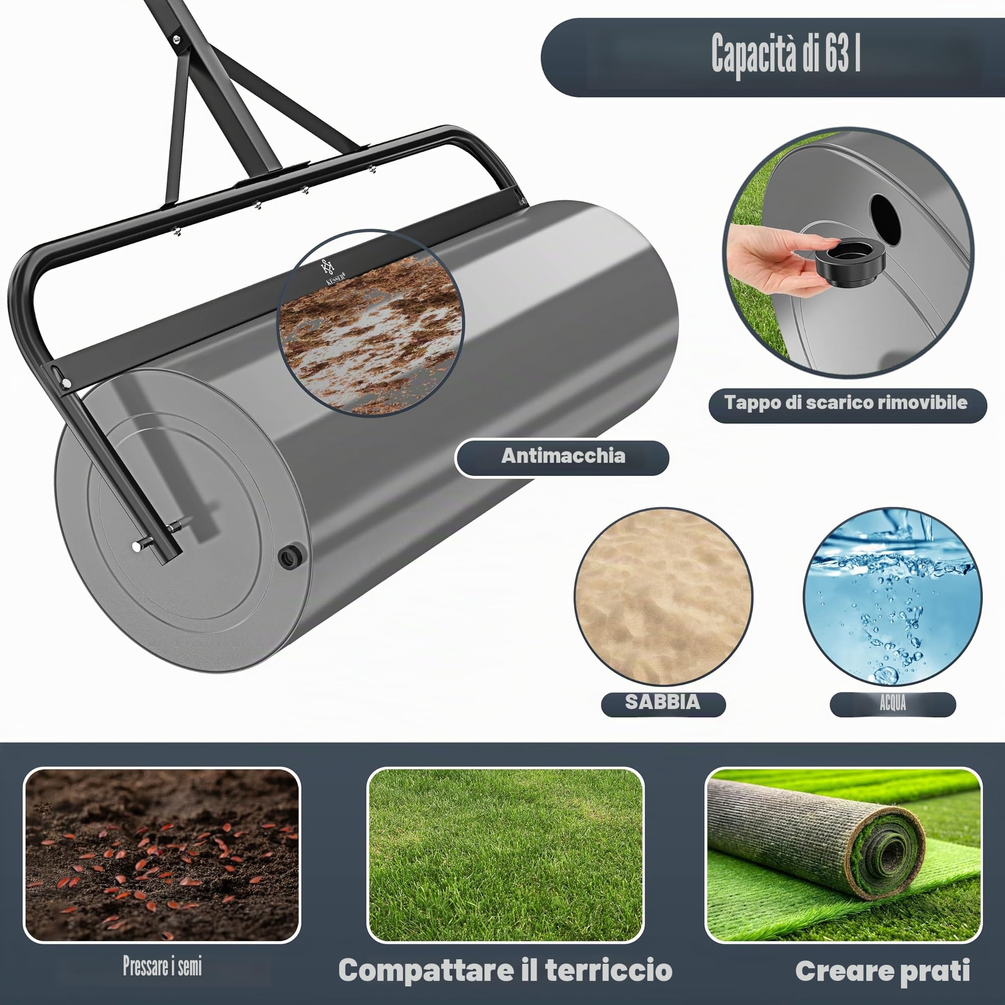 KESSER® Rullo per prato in metallo riempibile con acqua o sabbia, con 63 litri di volume e 99 cm di larghezza, rullo da giardino con guanti, rullo manuale per prato, rullo per prato, rullo da