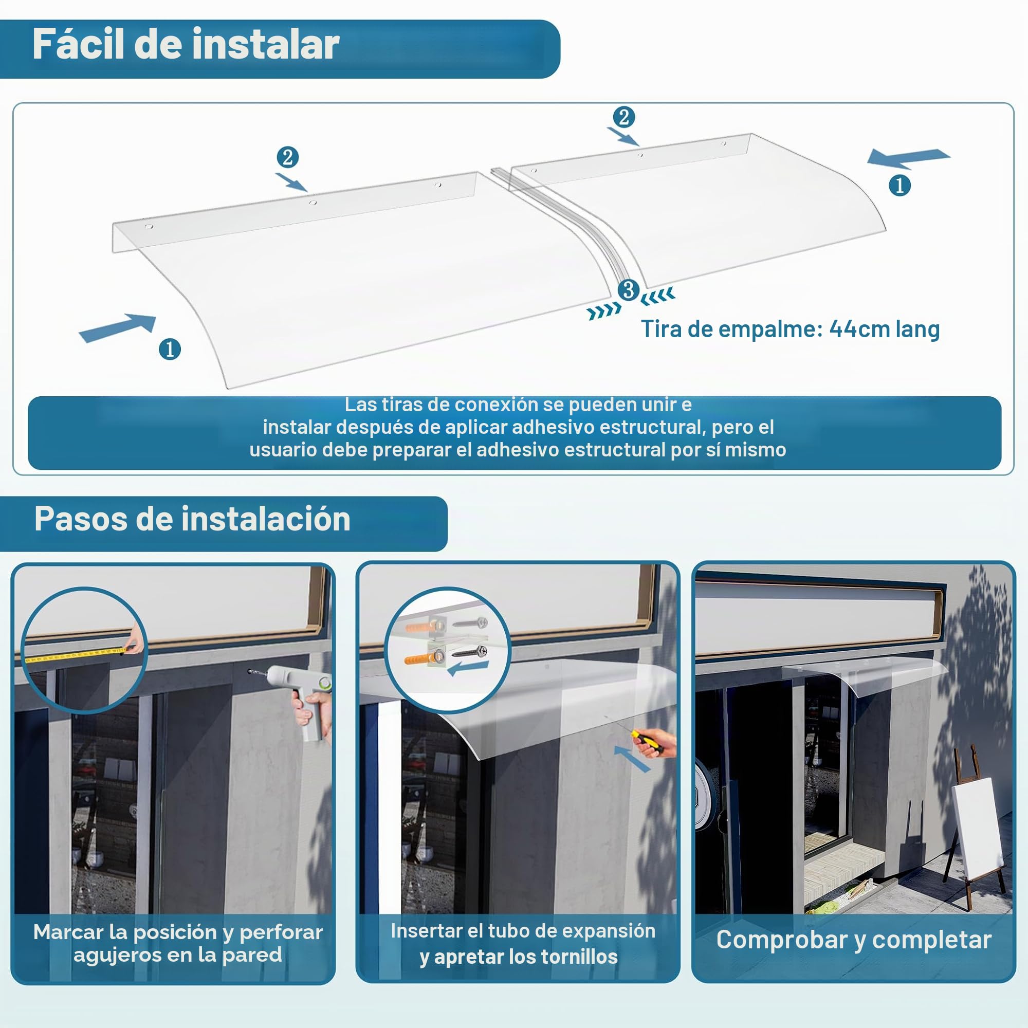 Froadp Marquesina para puerta de casa, 50 x 80 cm, techo de puerta de PET transparente, 3,5 mm de grosor, protección contra la lluvia y protección UV, para puerta, ventana, balcón, garaje, terraza