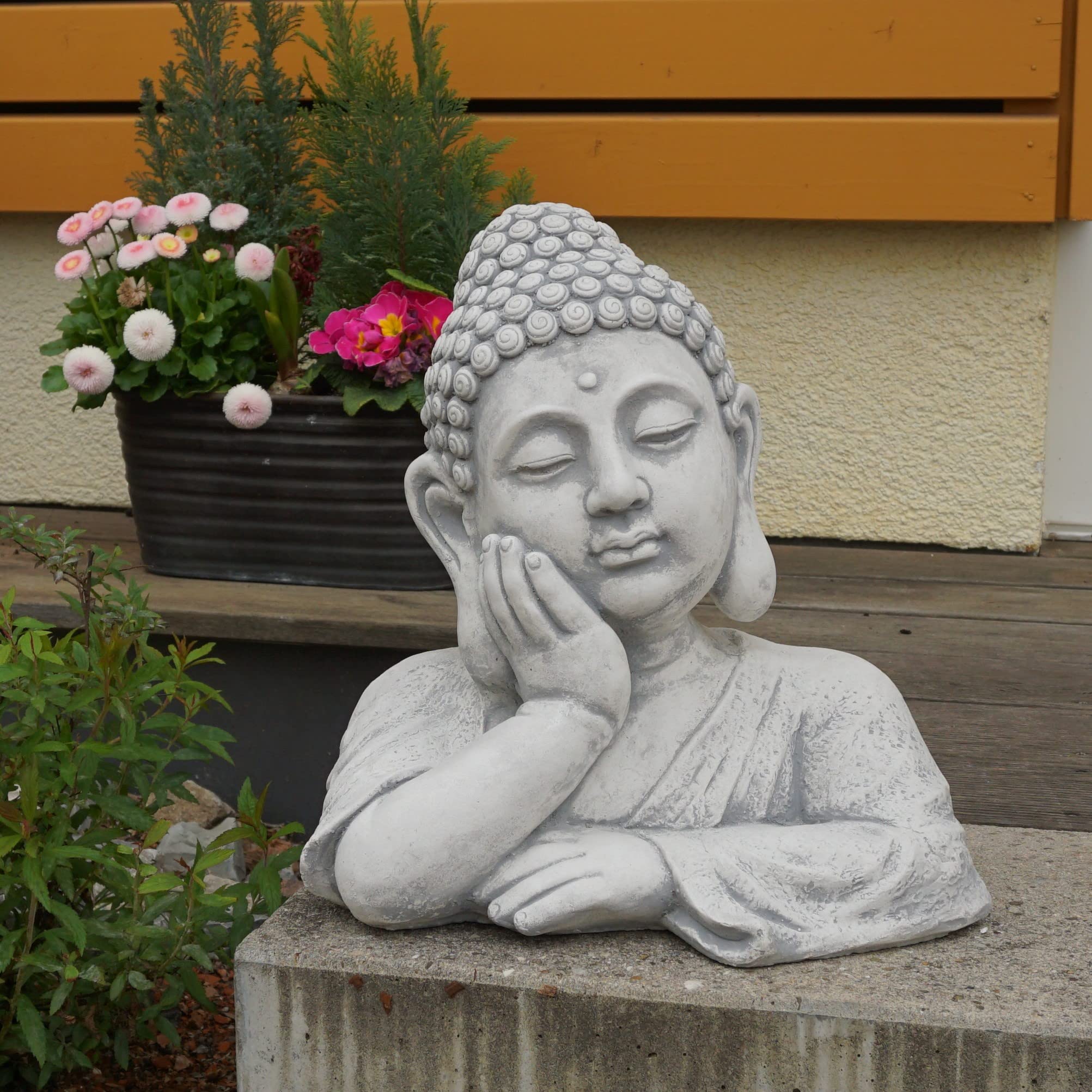 gartendekoparadies.de Buste de Bouddha imposant en pierre, H. 35 cm, 18 kg, gris, résistant au gel, en pierre coulée, pour l'extérieur