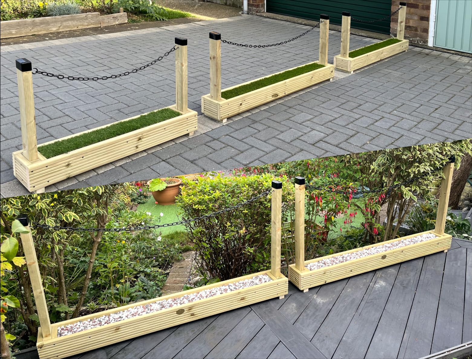 Chain Barrier Divider Border Fence for Driveway & Gardens - Decking Wooden (150cm Long - 81cm Post, Comes Fitted with Artifical Grass)
