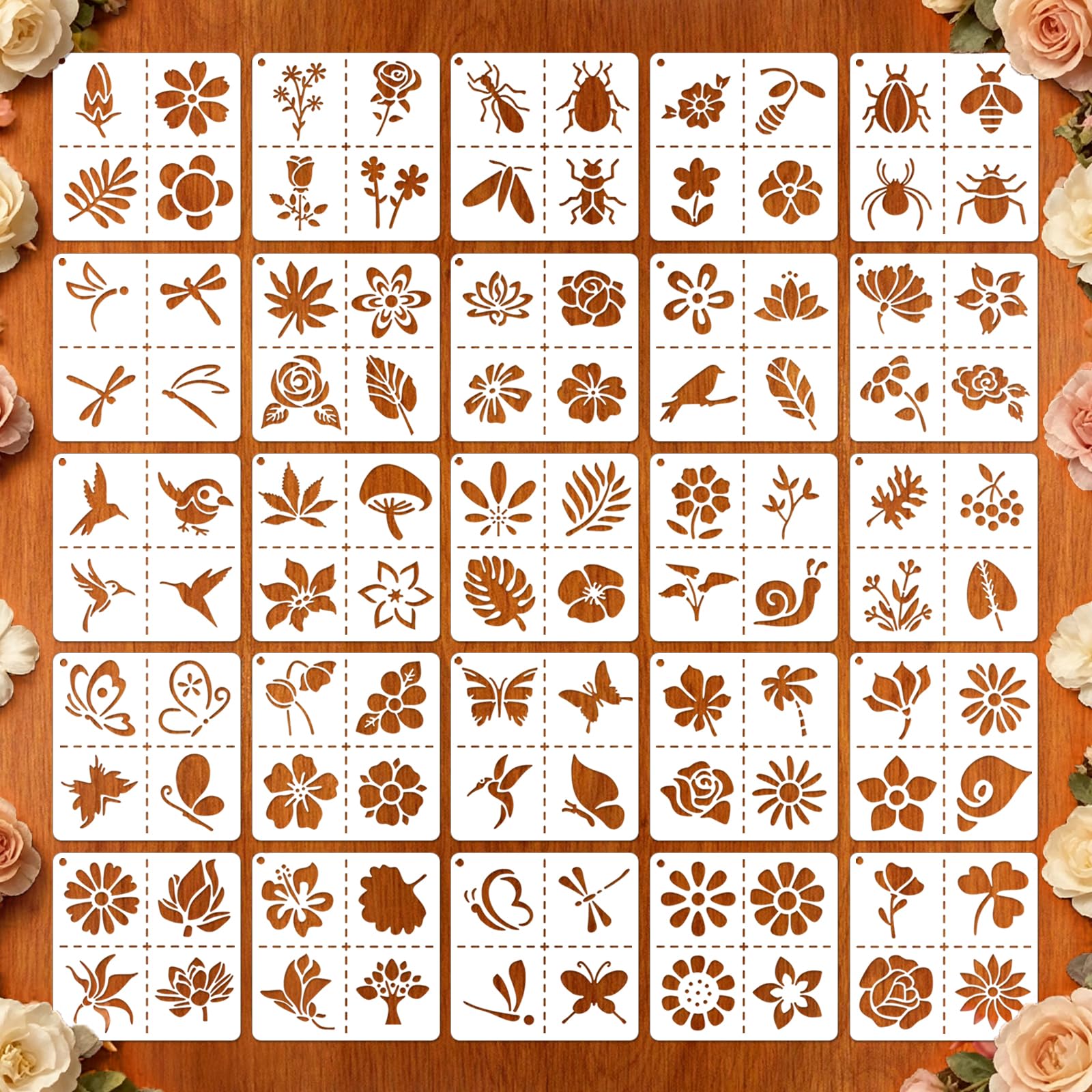 MWOOT 25 Pcs Flower Stencils for Painting, 4 inch Small Stencils for Crafts Reusable, Flower Stencil for Painting on Wood, Tile, Canvas, Card Decor, 10.16x10.16 CM