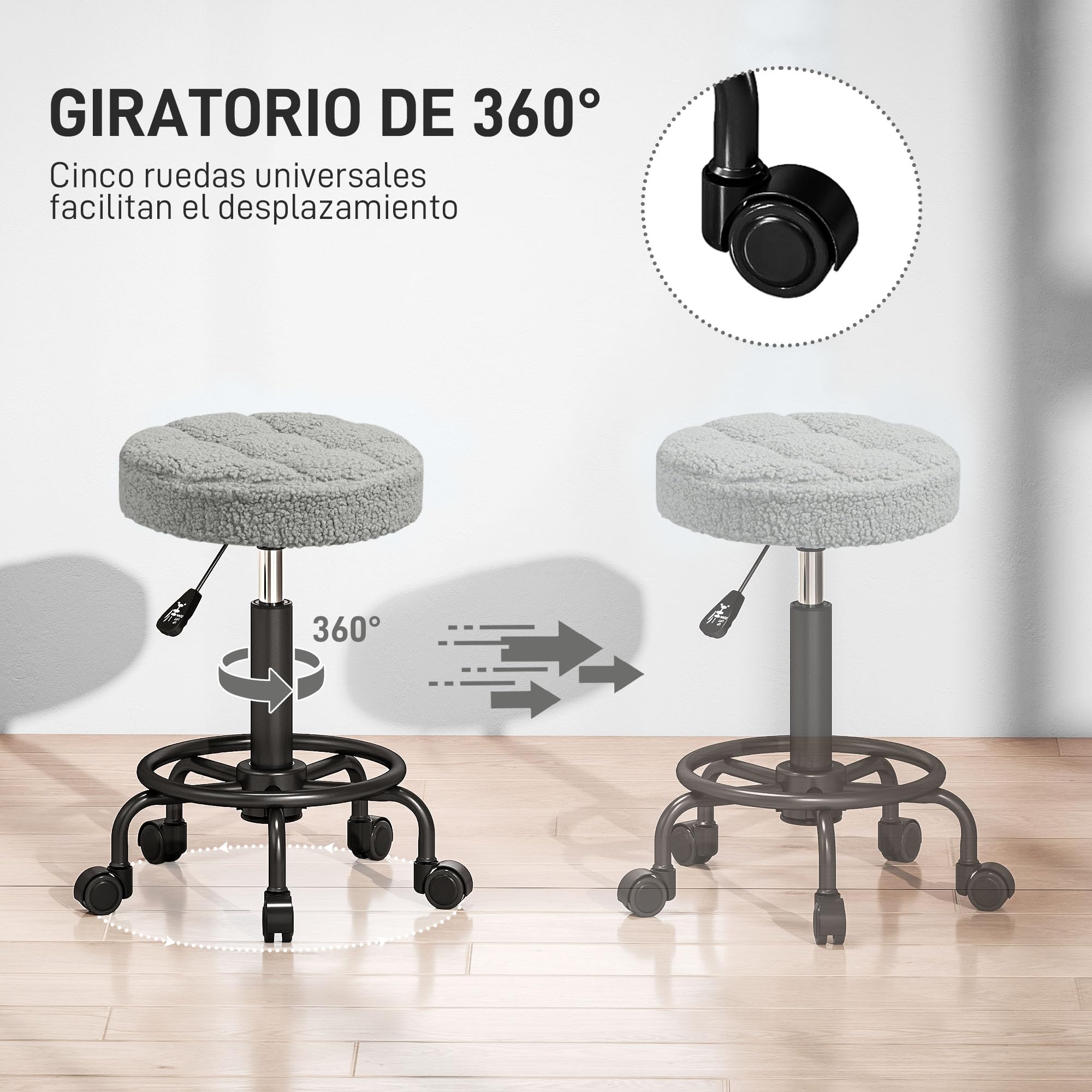 HOMCOM Sgabello rotondo girevole con ruote Altezza regolabile 50-66 cm Seduta imbottita in tessuto di pile per saloni officine Spa Massaggi Grigio