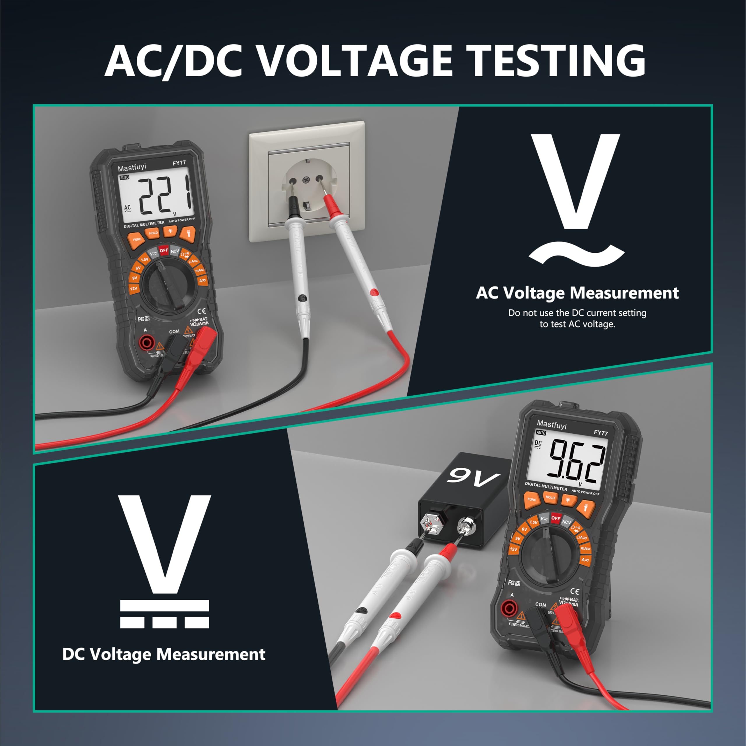 Multimetro Digitale, Tester multiplo con NCV, Test di Gamma Automatico, Tester per Batterie, Conta il Vero RMS 2000, Corrente AC/DC, Tensione AC/DC, Continuità, Resistenza, Diodo