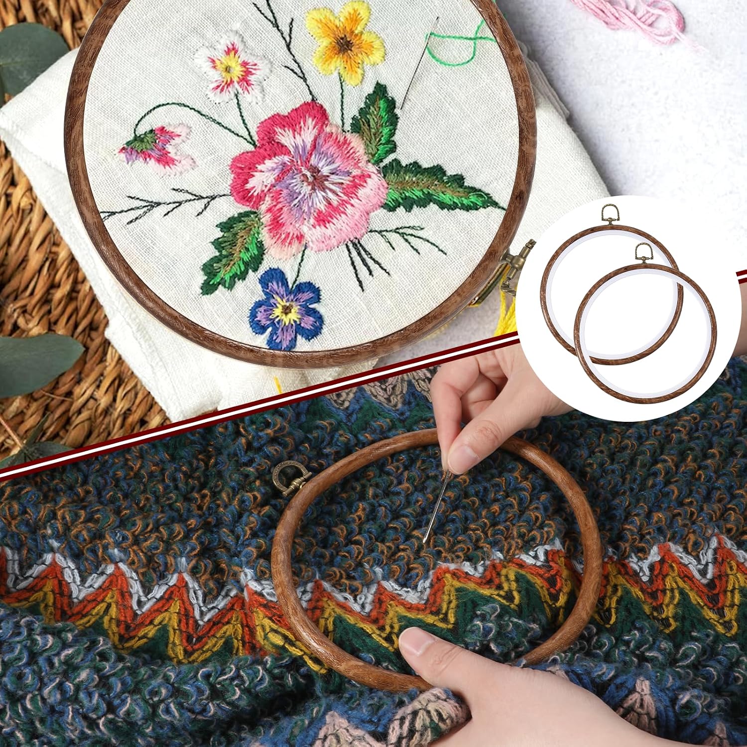 IANFAN 2 Pcs Round Embroidery Hoop Frame, 8 Inch Imitated Wood Embroidery Frame Circle Cross Stitch Hoop for Art Craft Sewing Hanging Ornaments Decor