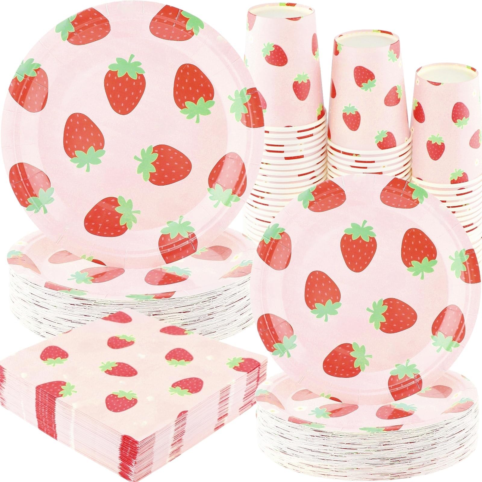 Juego de vajilla de fiesta de fresa – 200 piezas suministros para fiesta de cumpleaños, platos de papel desechables de fresa, juego de vajilla platos de cena, platos de postre, tazas, servilletas para