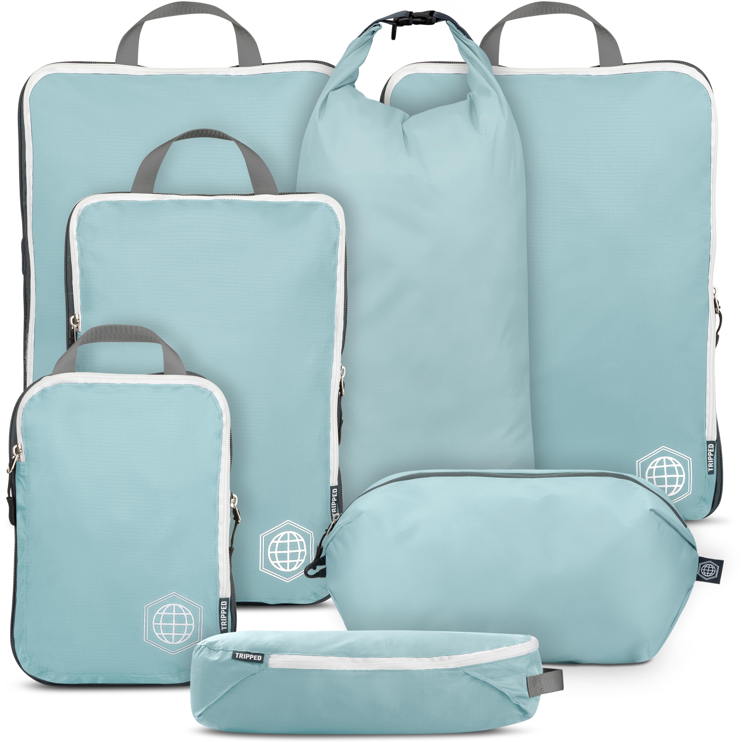 TRIPPED Travel Gear - Set di 7 cubi da imballaggio grandi per bagagli a compressione, ultra leggeri, espandibili, sacchetti a compressione per vestiti di TRIPPED Travel Gear (DustyTeal/bianco)
