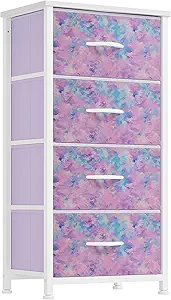 DWVO Dresser with 4 Drawers - Storage Tower Unit, Dresser for Room, Living Room, Closets - Sturdy Steel Frame, Wooden Top & Easy Pull Fabric Bins, Tie-dye Purple