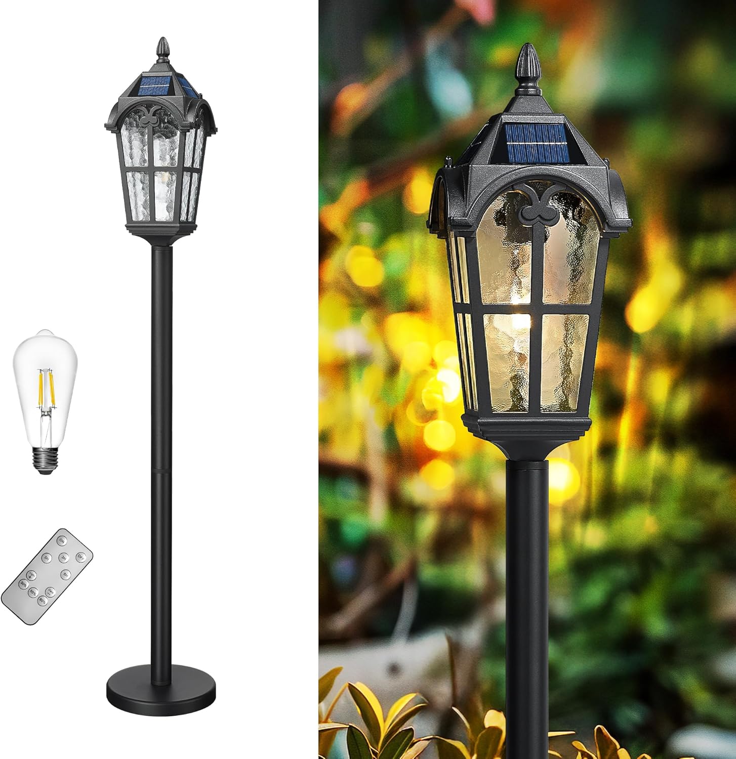 Emliviar Solar Pole Light with Pier Mount Base, Auto On/Off Walkway Lamp in Black Finish, Solar Pathway Light with Water Grain Glass Shade, LED Bulb Included, YXE302PL-SL BK