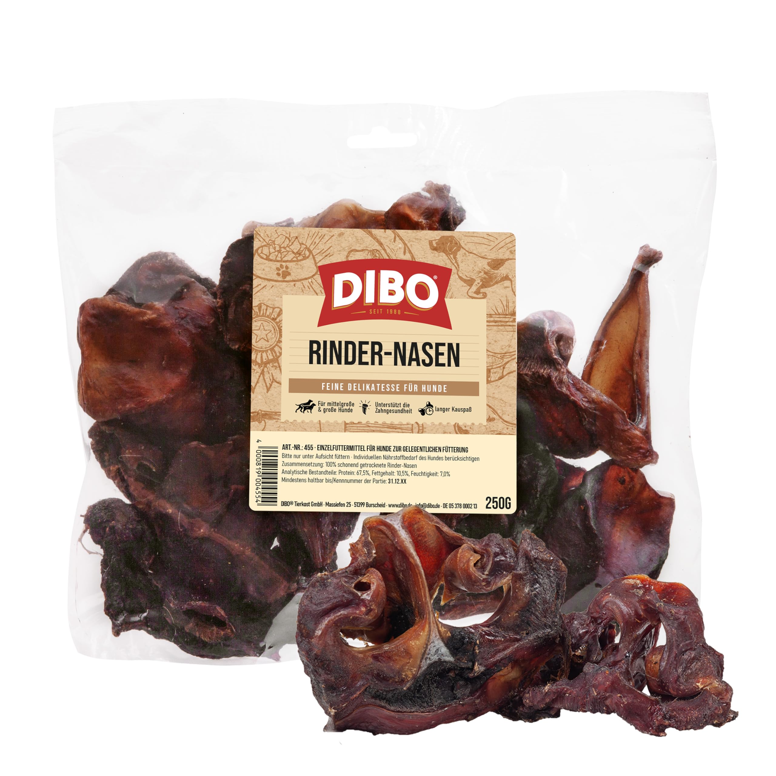DIBO Rindernasen, 250g-Beutel, der kleine Naturkau-Snack oder Leckerli für Zwischendurch, Hundefutter, Qualitätskauartikel ohne Chemie von DIBO