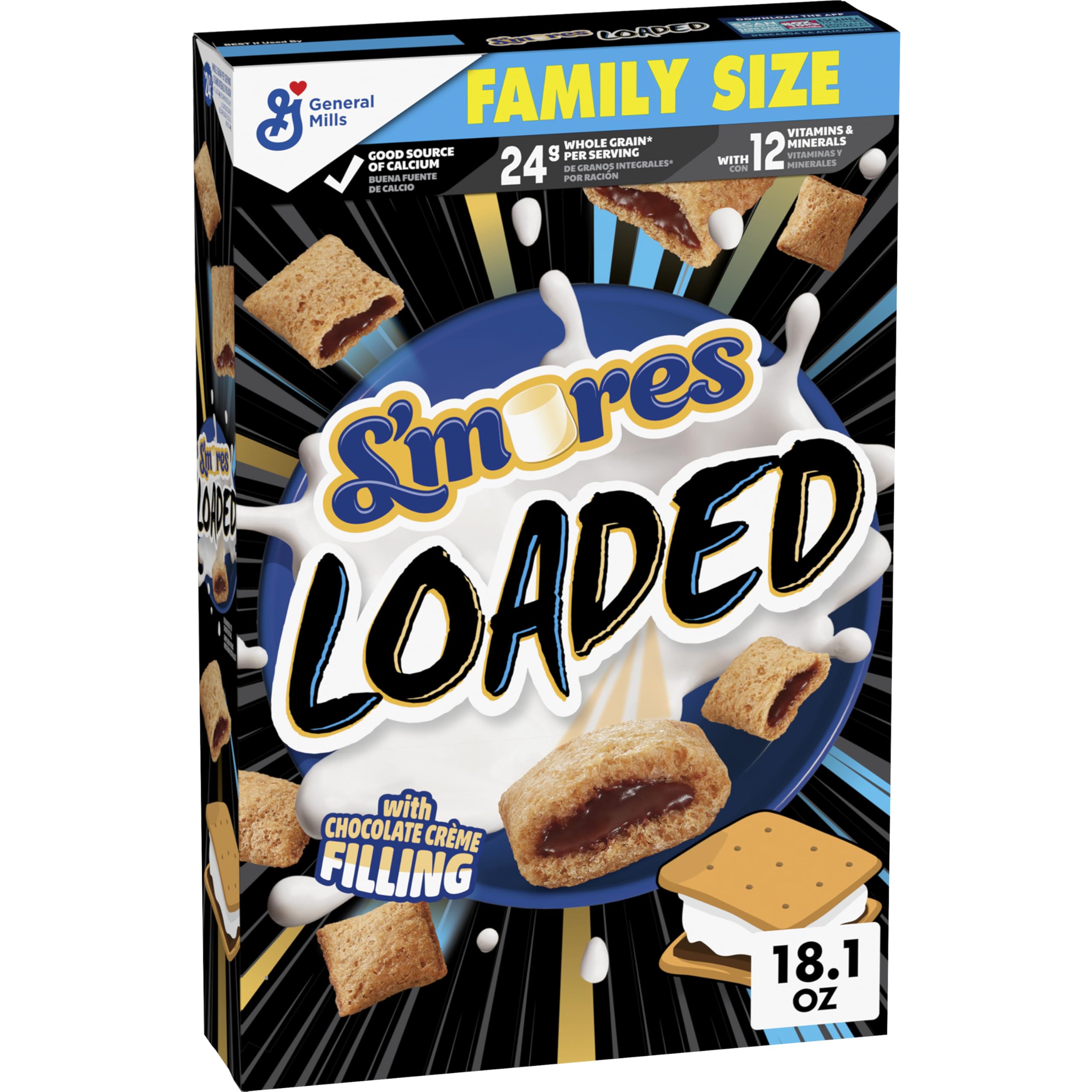 S'mores Loaded Cereal, Crispy Cereal with Naturally and Artificially Flavored Chocolate Creme Filling, Made with Whole Grain, Family Size, 18.1 oz