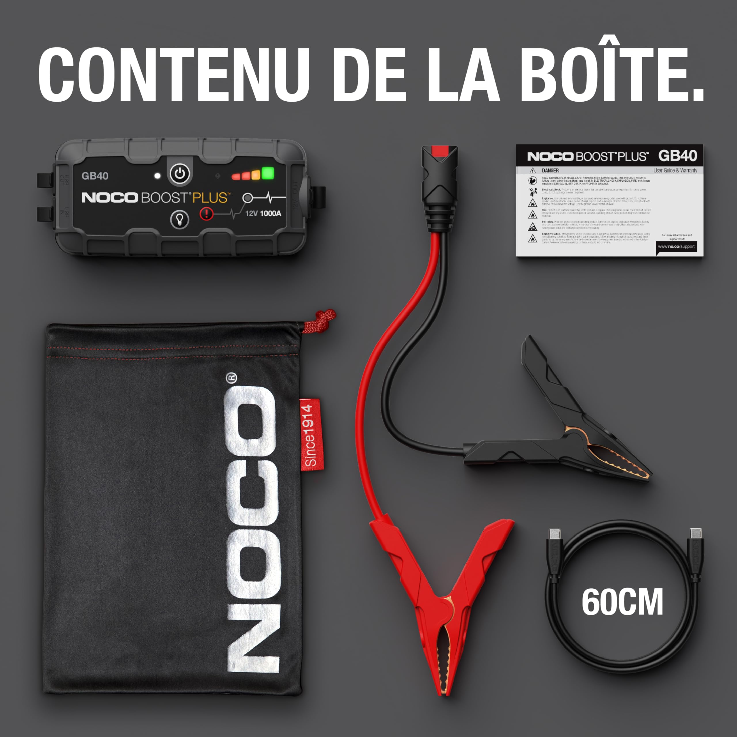 NOCO Boost GB40: Booster Batterie UltraSafe 1000A – Démarreur Lithium 12V Portable avec Powerbank et Chargeur USB – pour Moteurs Essence 6,0L et Diesel 3,0L
